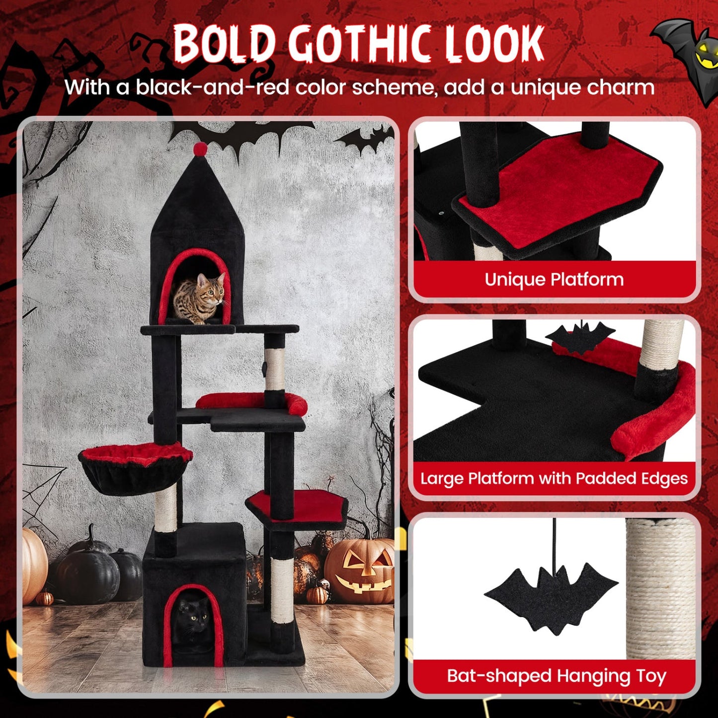 63 Inch Gothic Cat Tree with Condo and Top Cave for Large Cats 20+ LBS - Majestic Pet Kingdom