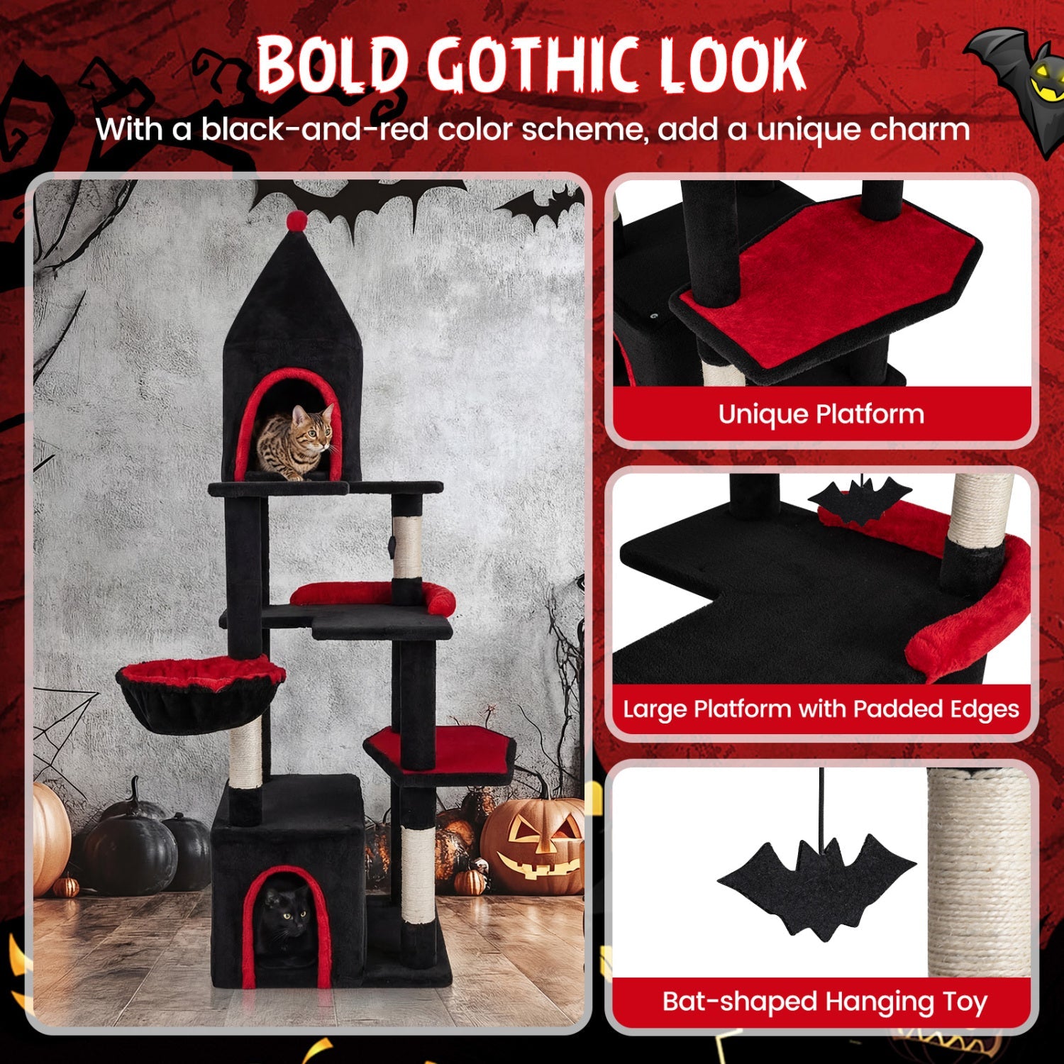63 Inch Gothic Cat Tree with Condo and Top Cave for Large Cats 20+ LBS - Majestic Pet Kingdom