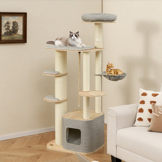 63 Inch Tall Cat Tree Modern Wooden Cat Tower with Perch Condo Hammock-Gray - Majestic Pet Kingdom