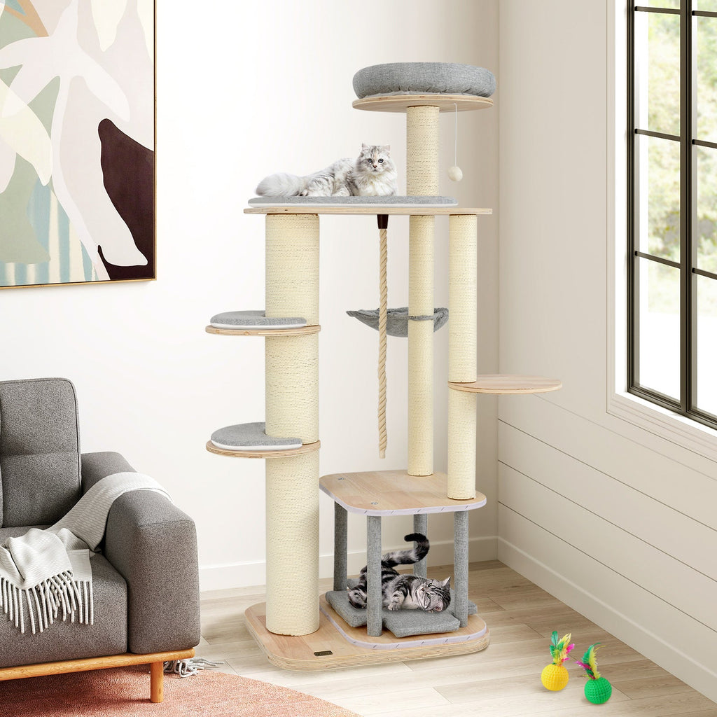 63 Inch Tall Cat Tree Modern Wooden Cat Tower with Perch Condo Hammock-Gray - Majestic Pet Kingdom