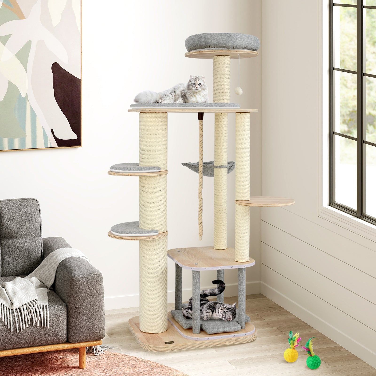 63 Inch Tall Cat Tree Modern Wooden Cat Tower with Perch Condo Hammock-Gray - Majestic Pet Kingdom