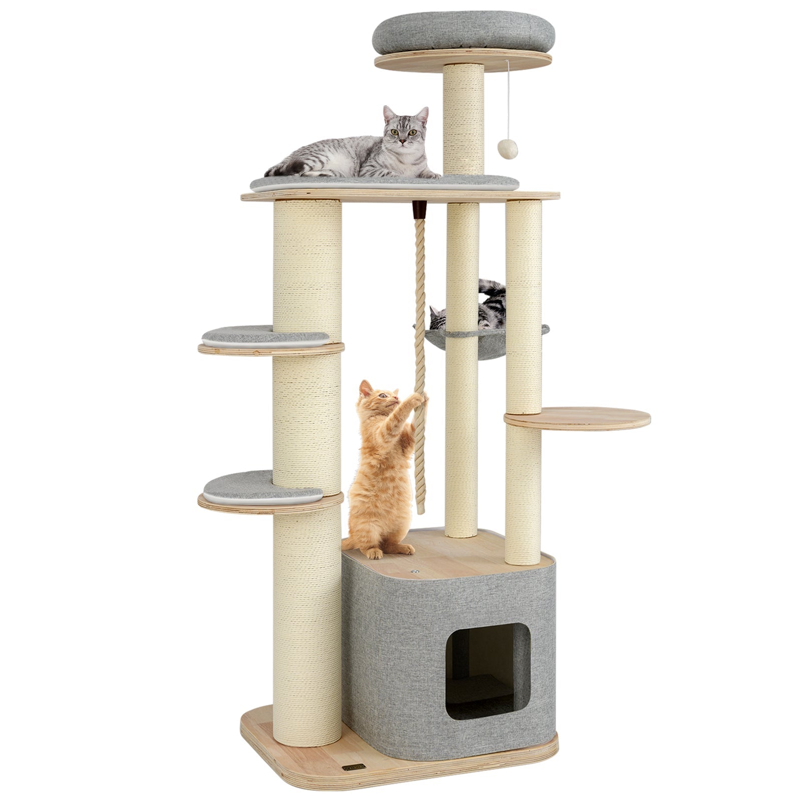 63 Inch Tall Cat Tree Modern Wooden Cat Tower with Perch Condo Hammock-Gray - Majestic Pet Kingdom