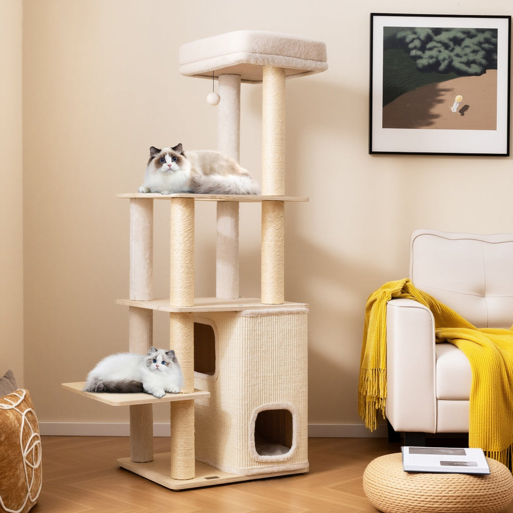 63 Inch Tall Wooden Cat Tree with 2-Story Condo and Plush Padded Top Perch-Natural - Majestic Pet Kingdom