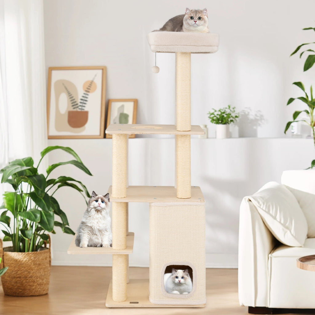 63 Inch Tall Wooden Cat Tree with 2-Story Condo and Plush Padded Top Perch-Natural - Majestic Pet Kingdom