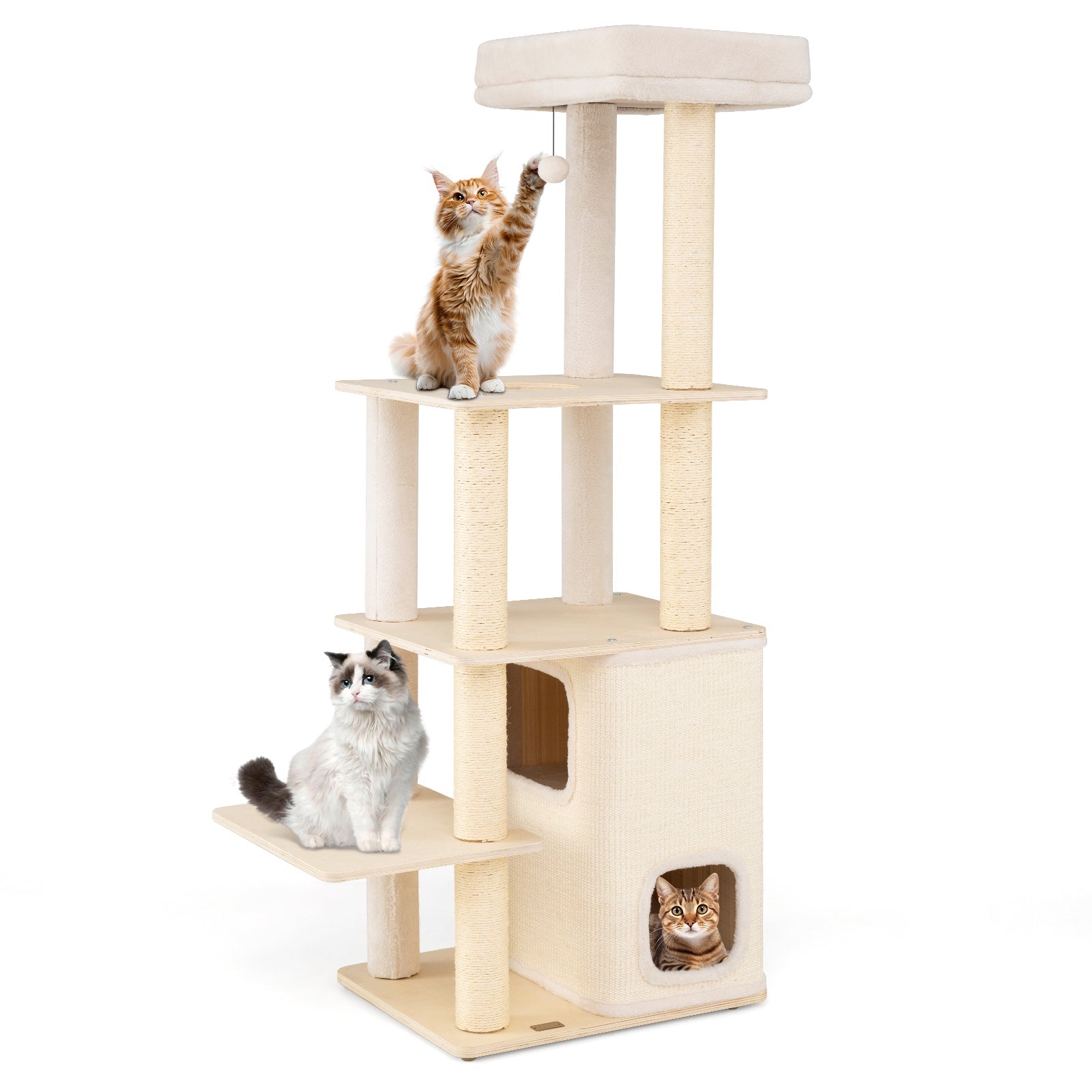 63 Inch Tall Wooden Cat Tree with 2-Story Condo and Plush Padded Top Perch-Natural - Majestic Pet Kingdom