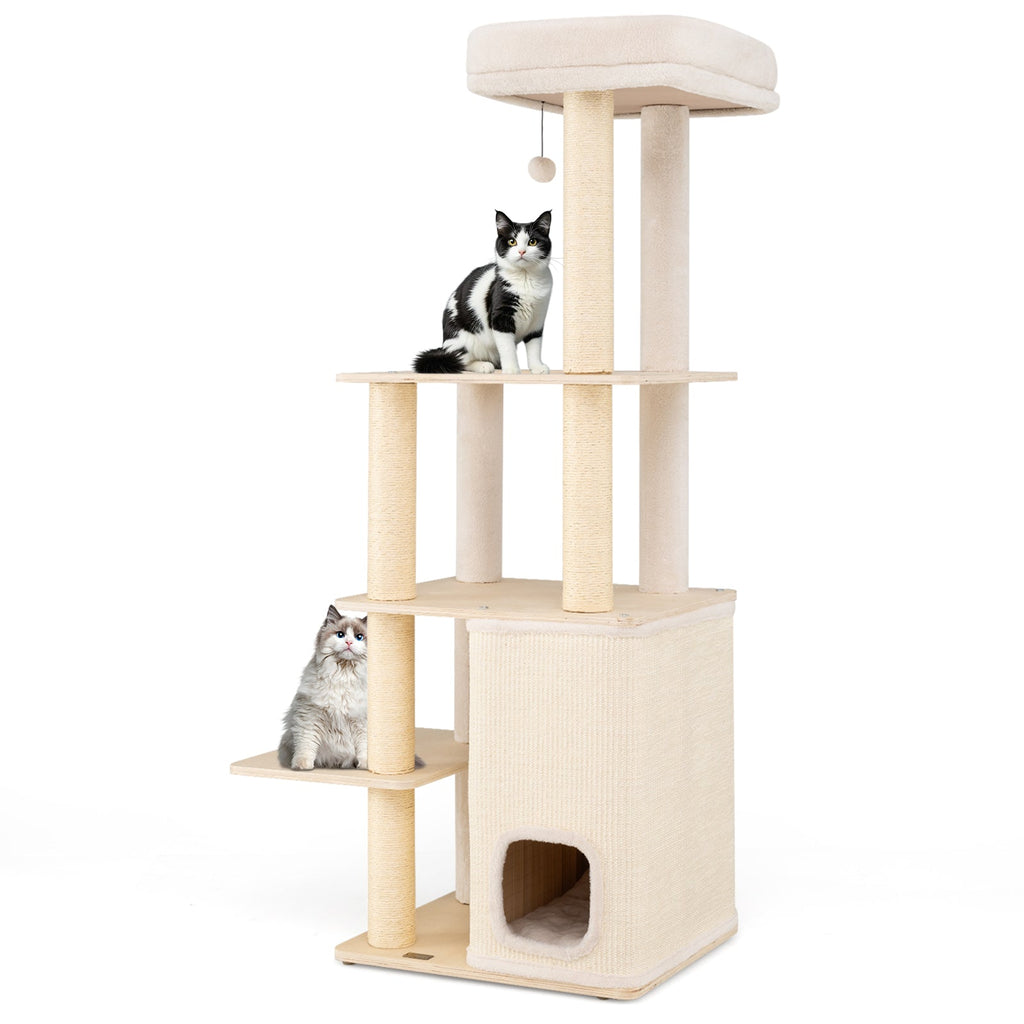 63 Inch Tall Wooden Cat Tree with 2-Story Condo and Plush Padded Top Perch-Natural - Majestic Pet Kingdom