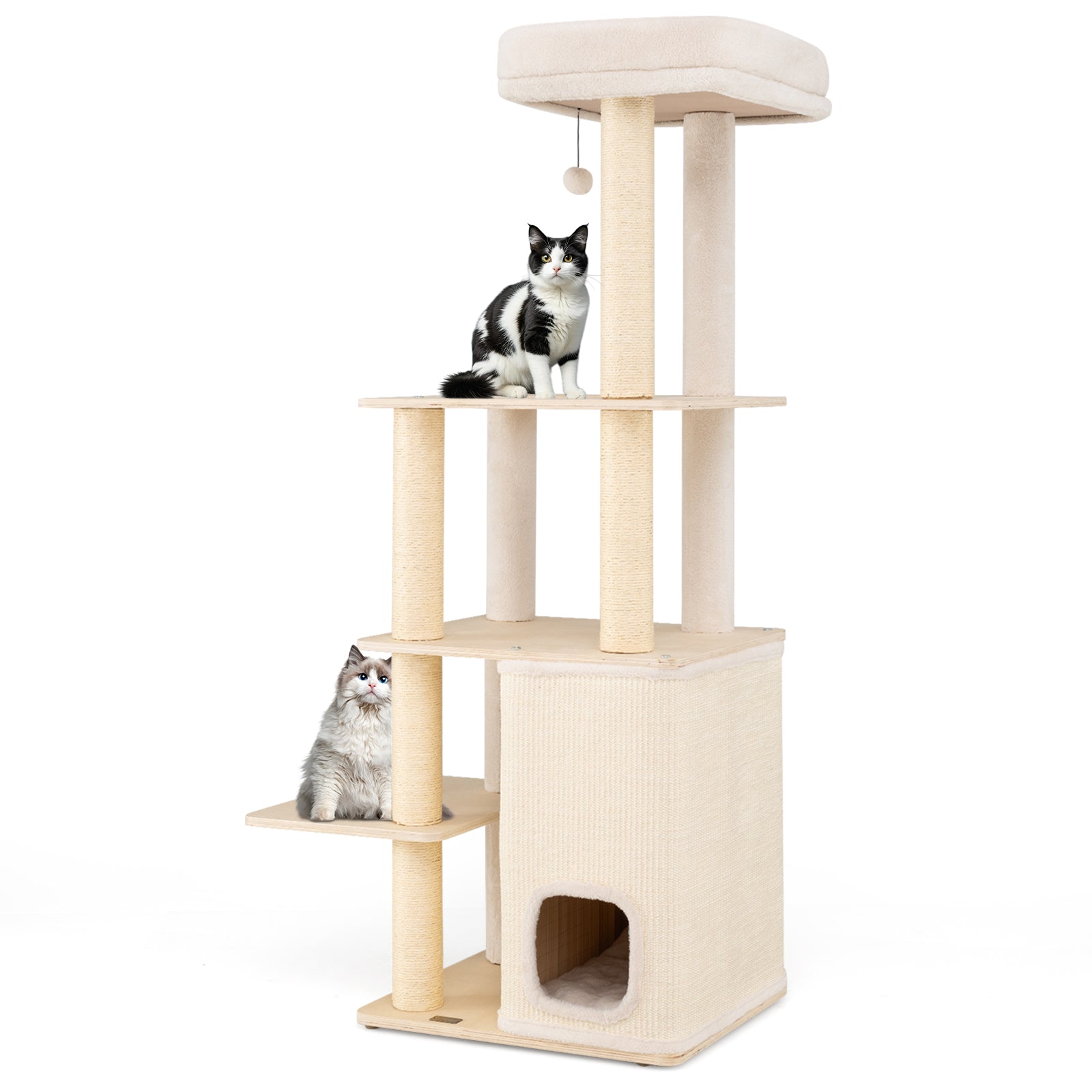 63 Inch Tall Wooden Cat Tree with 2-Story Condo and Plush Padded Top Perch-Natural - Majestic Pet Kingdom
