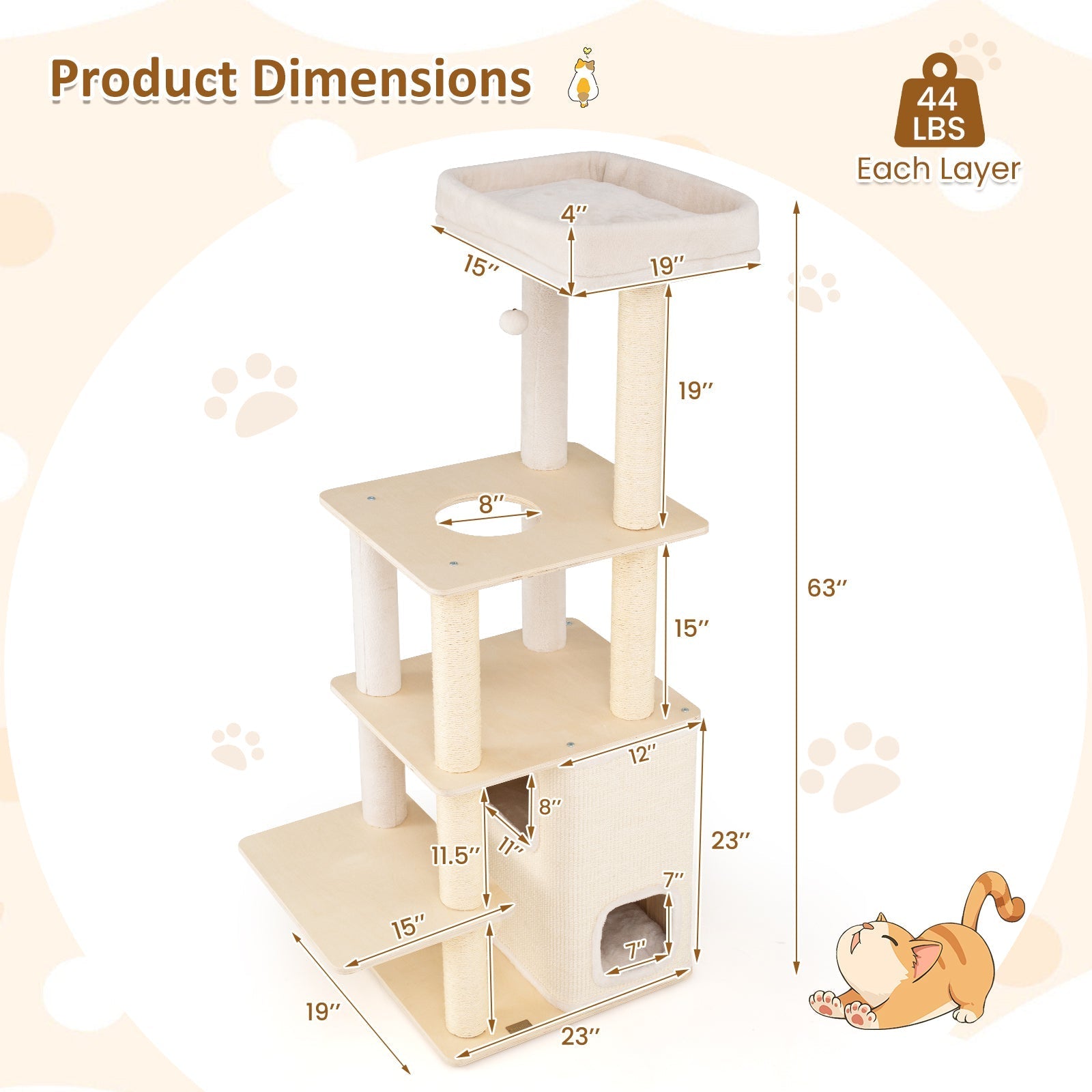 63 Inch Tall Wooden Cat Tree with 2-Story Condo and Plush Padded Top Perch-Natural - Majestic Pet Kingdom