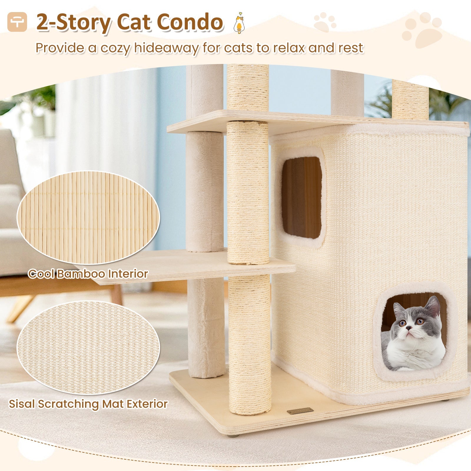 63 Inch Tall Wooden Cat Tree with 2-Story Condo and Plush Padded Top Perch-Natural - Majestic Pet Kingdom