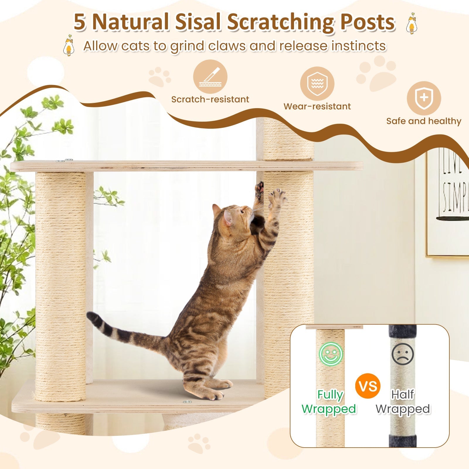 63 Inch Tall Wooden Cat Tree with 2-Story Condo and Plush Padded Top Perch-Natural - Majestic Pet Kingdom