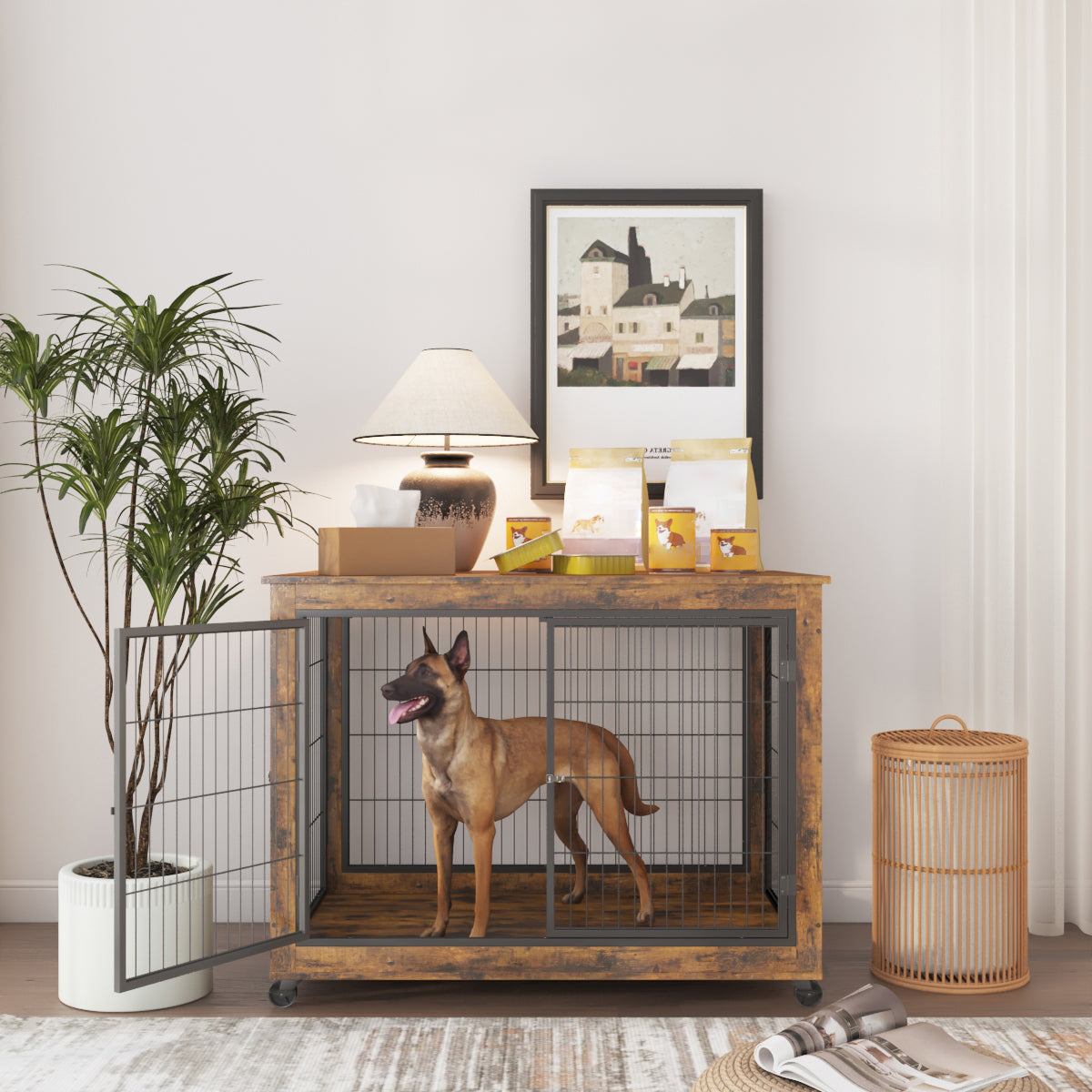 Dog Crate Furniture 43.7in Large Rolling Table Lift-Top Brown - Detail Angle 2 | Majestic Pet Kingdom