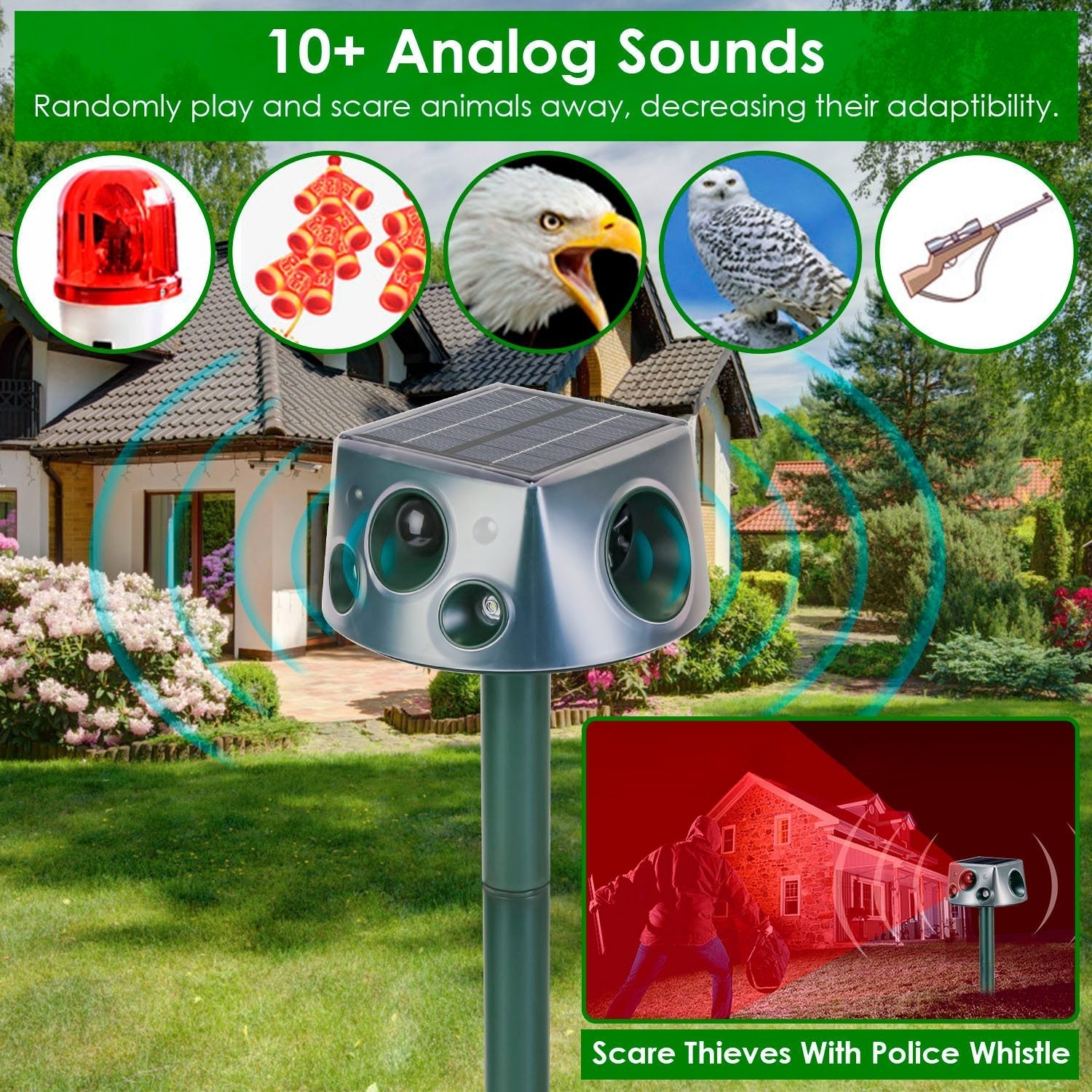 Ultrasonic Solar Animal Repeller Outdoor Mole Snake Squirrel Repellent Waterproof Bird Deer Dog Cat Deterrent with 3 Modes Motion Sensor Vibration Sta - Majestic Pet Kingdom