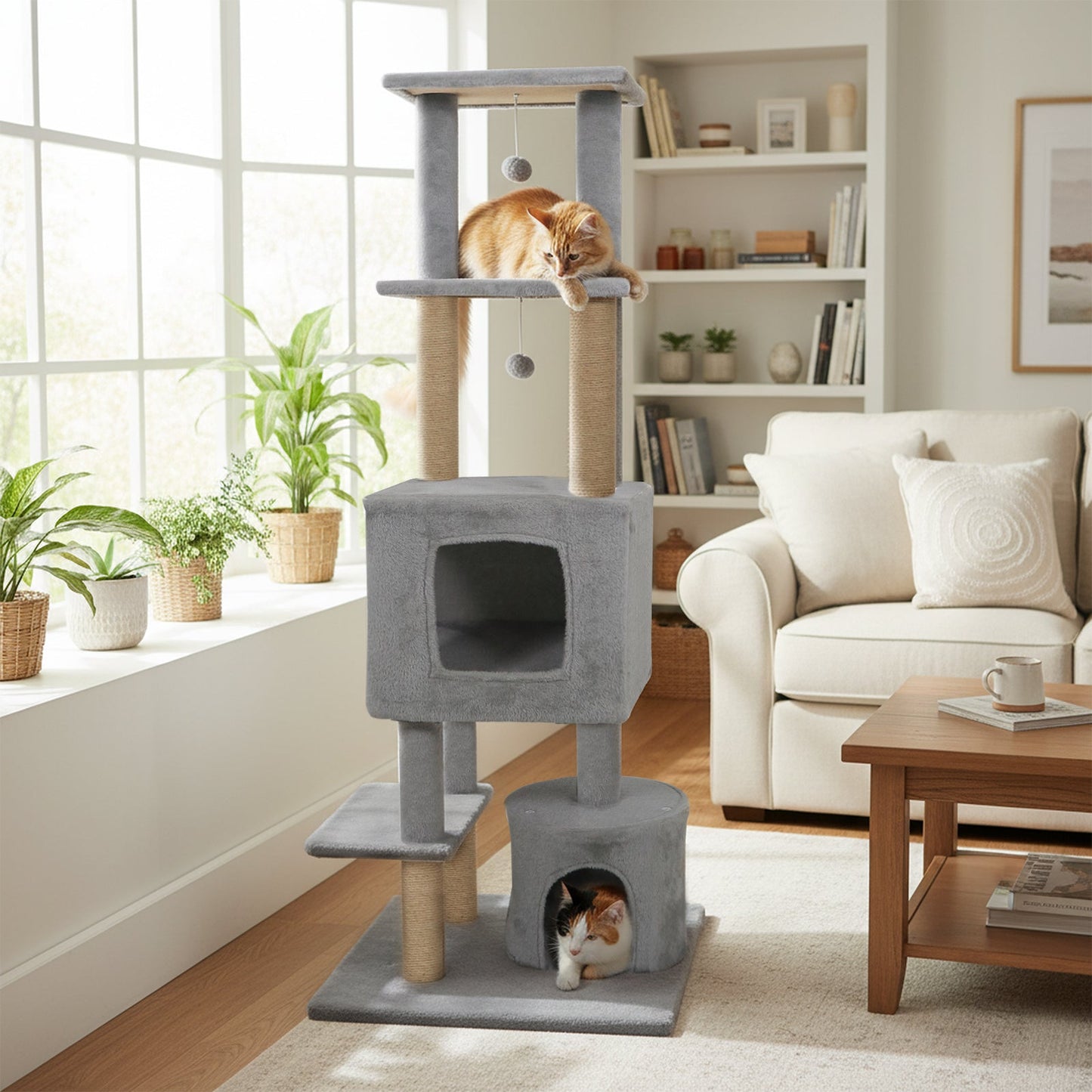 Cat Tree 64-Inch Large Tower 2 Condos Jute Scratching Posts - Detail Angle 2 | Majestic Pet Kingdom