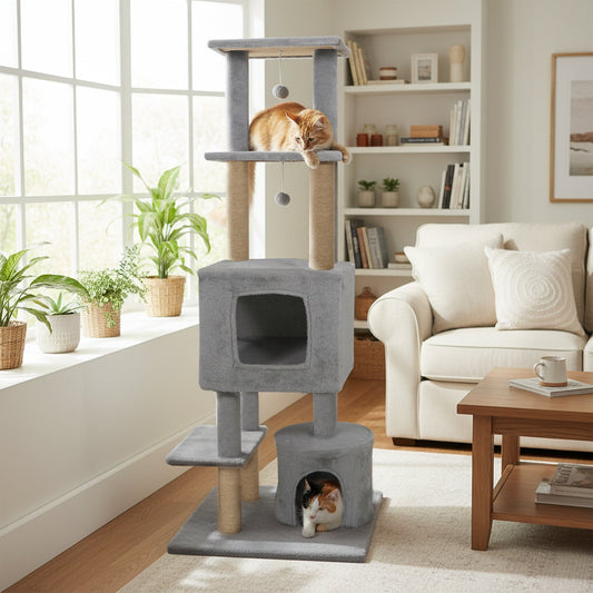 64 Inch Tall Cat Tree with 2 Large Condos and Jute Scratching Posts for Indoor Adult Cats - Majestic Pet Kingdom