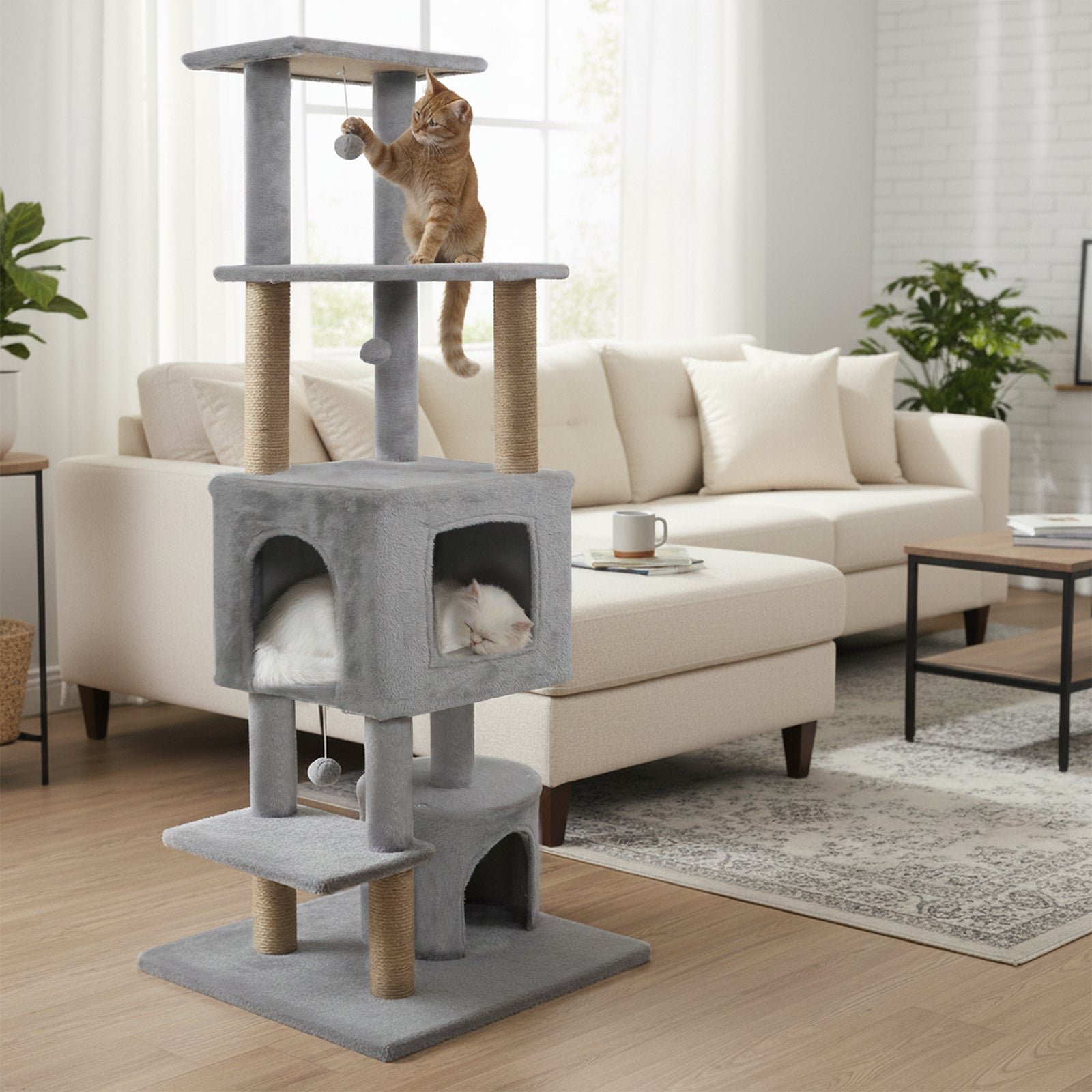 64 Inch Tall Cat Tree with 2 Large Condos and Jute Scratching Posts for Indoor Adult Cats - Majestic Pet Kingdom