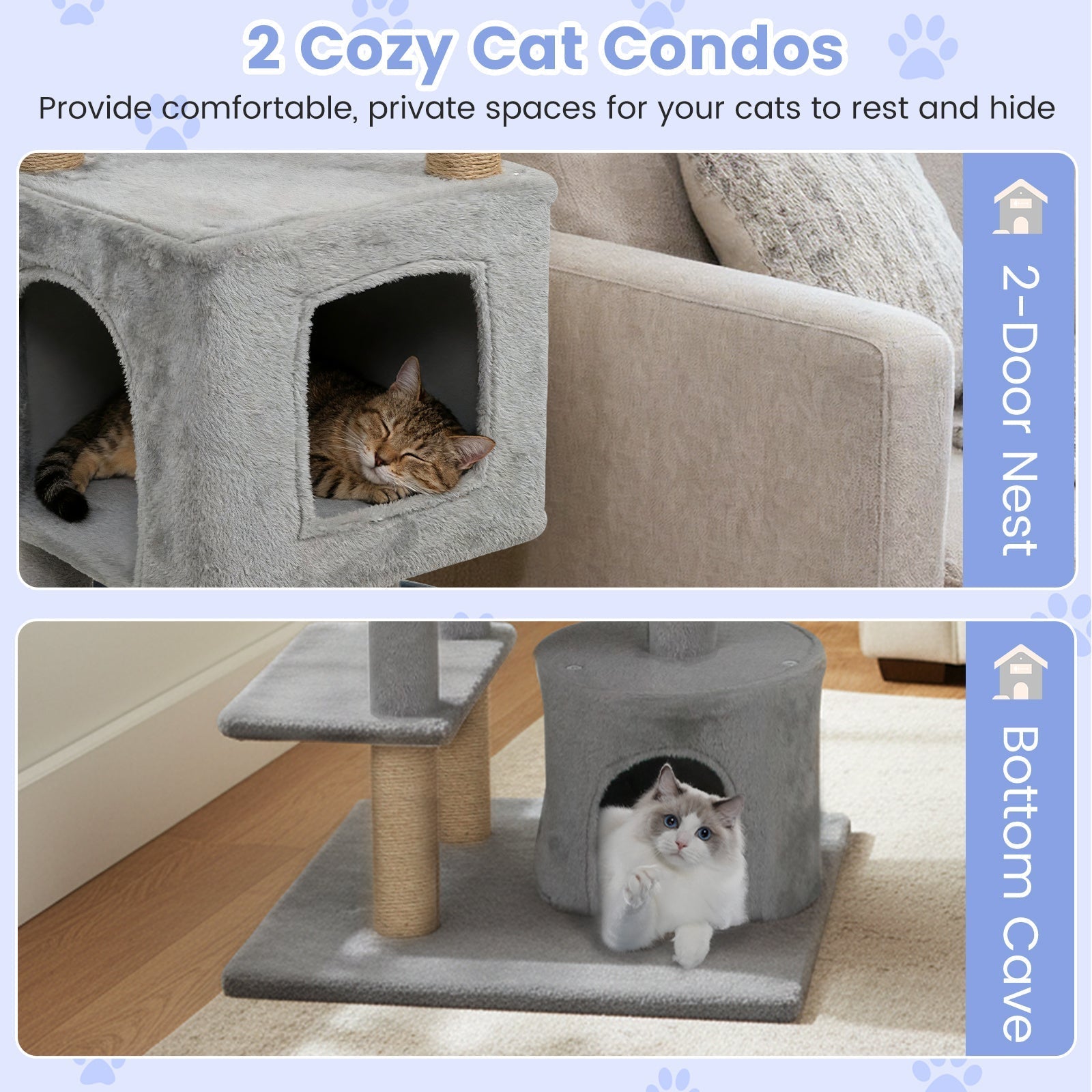 64 Inch Tall Cat Tree with 2 Large Condos and Jute Scratching Posts for Indoor Adult Cats - Majestic Pet Kingdom