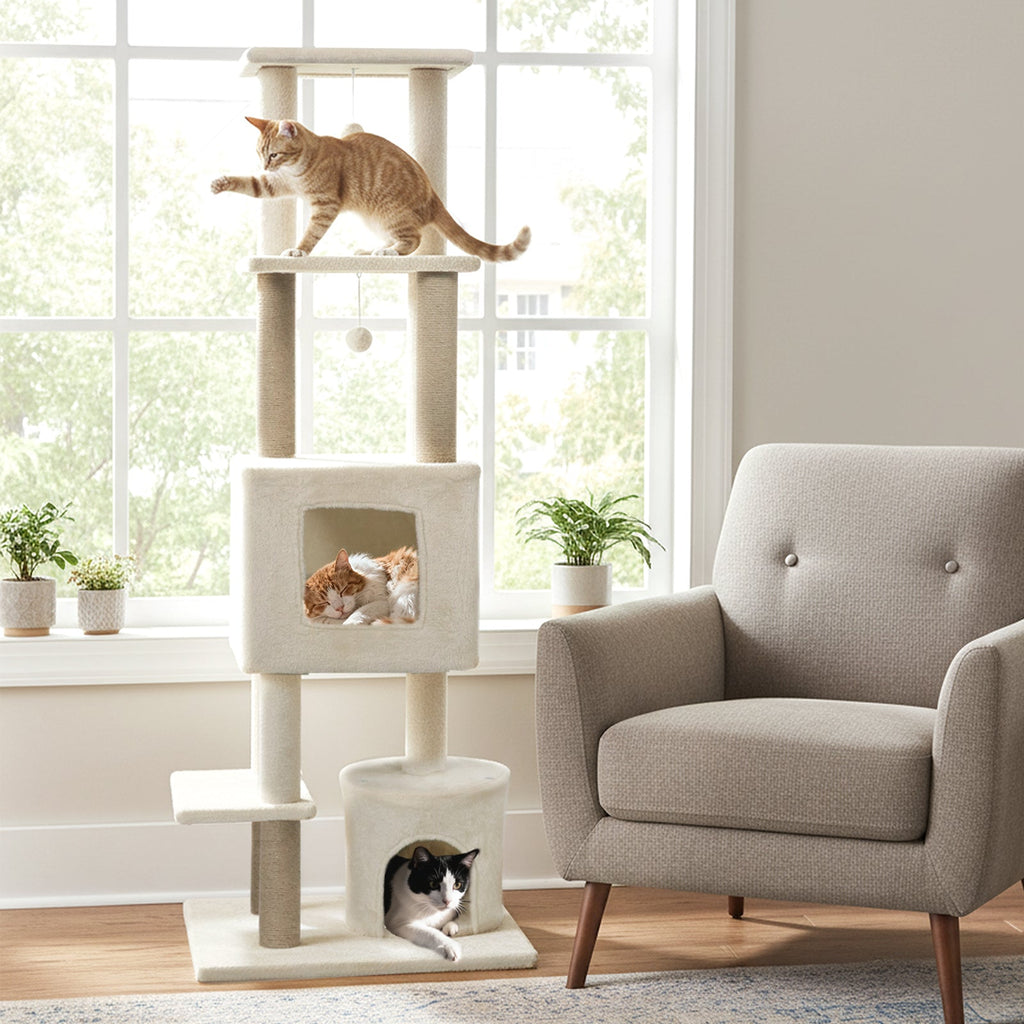 64 Inch Tall Cat Tree with 2 Large Condos and Jute Scratching Posts for Indoor Adult Cats - Majestic Pet Kingdom