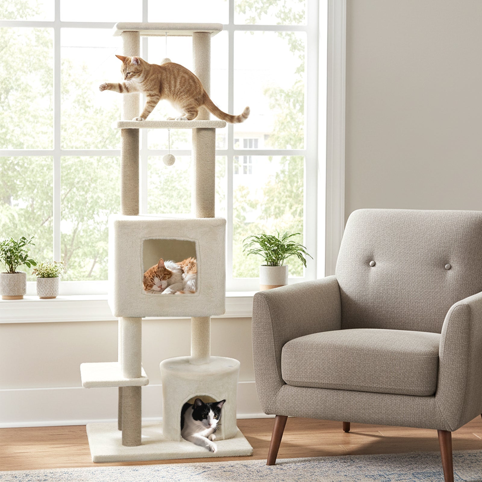 64 Inch Tall Cat Tree with 2 Large Condos and Jute Scratching Posts for Indoor Adult Cats - Majestic Pet Kingdom