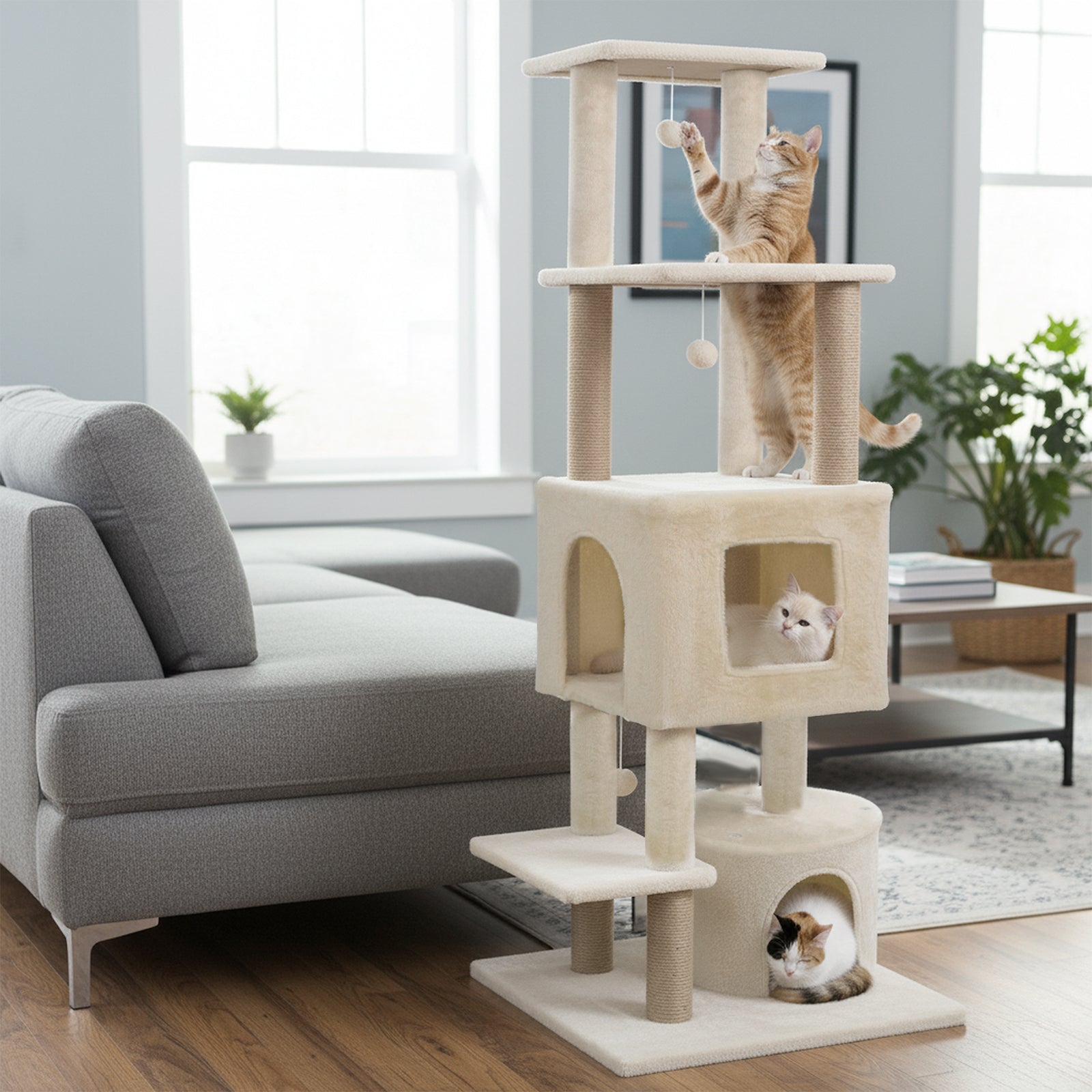 64 Inch Tall Cat Tree with 2 Large Condos and Jute Scratching Posts for Indoor Adult Cats - Majestic Pet Kingdom