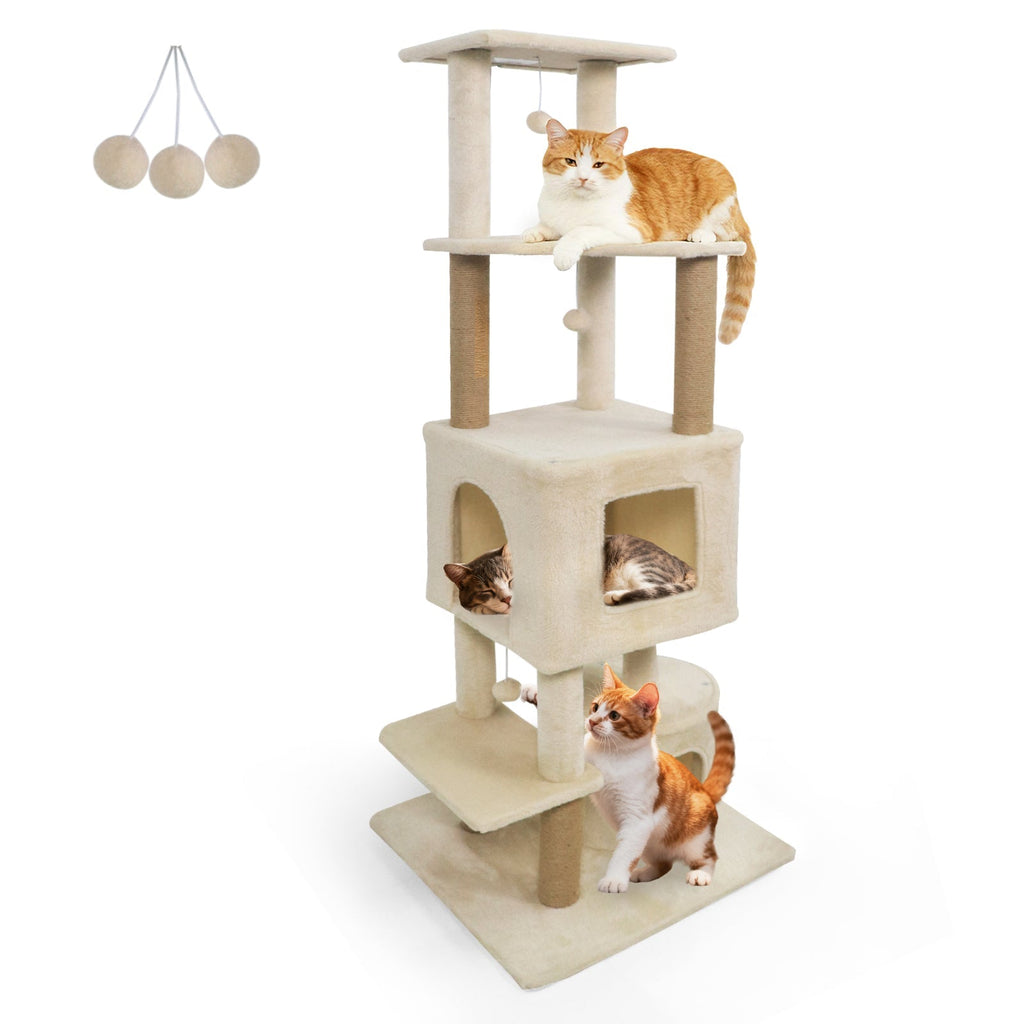 64 Inch Tall Cat Tree with 2 Large Condos and Jute Scratching Posts for Indoor Adult Cats - Majestic Pet Kingdom