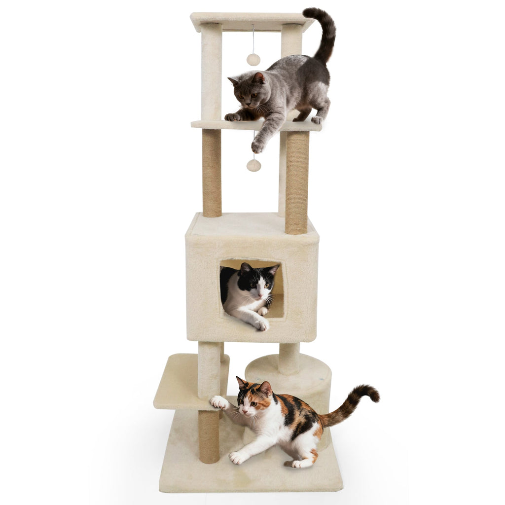64 Inch Tall Cat Tree with 2 Large Condos and Jute Scratching Posts for Indoor Adult Cats - Majestic Pet Kingdom