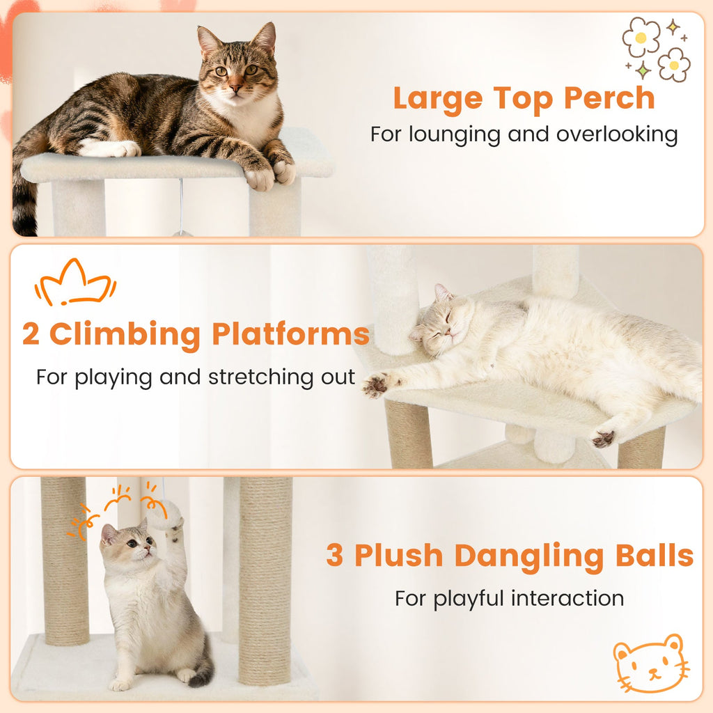 64 Inch Tall Cat Tree with 2 Large Condos and Jute Scratching Posts for Indoor Adult Cats - Majestic Pet Kingdom