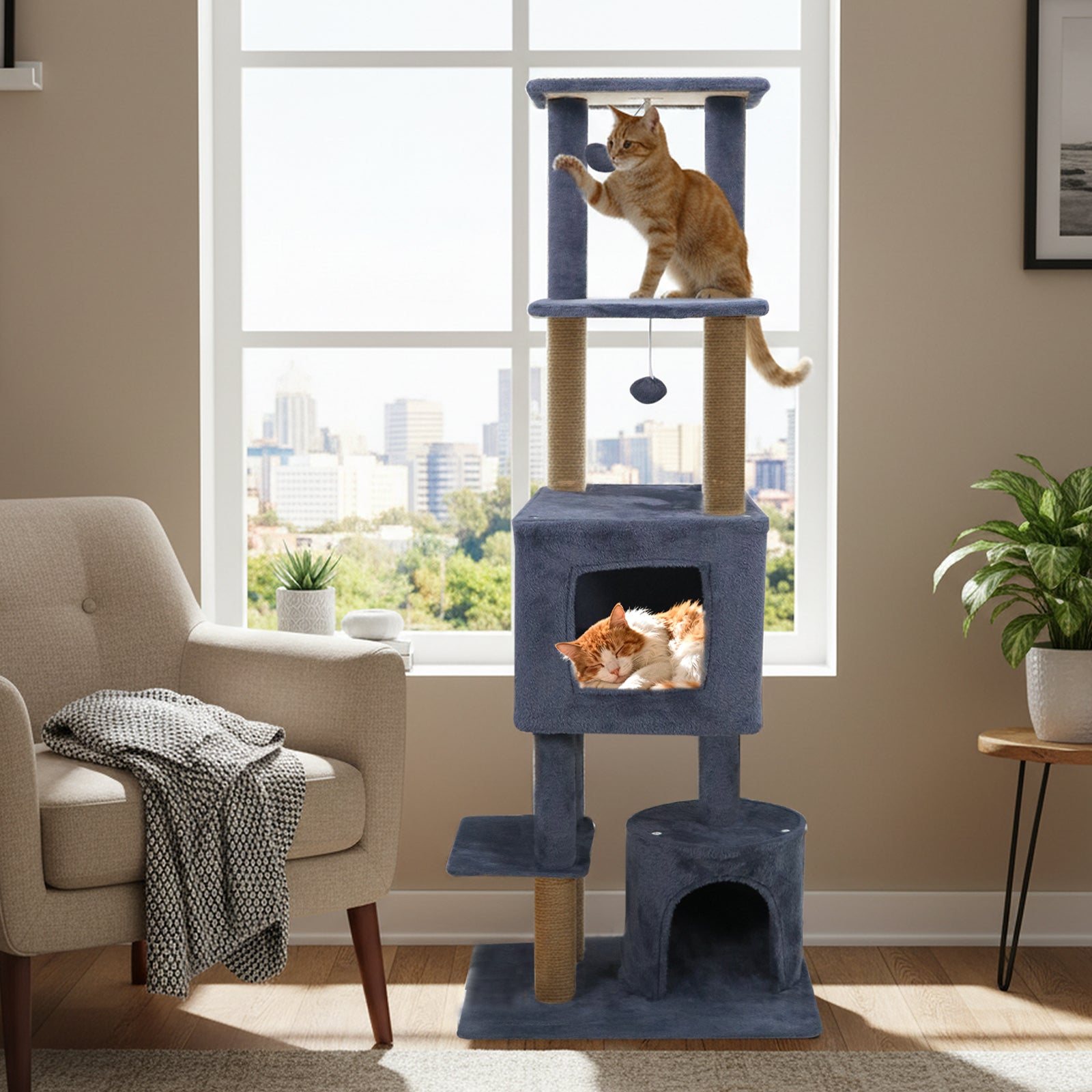 64 Inch Tall Cat Tree with 2 Large Condos and Jute Scratching Posts for Indoor Adult Cats - Majestic Pet Kingdom