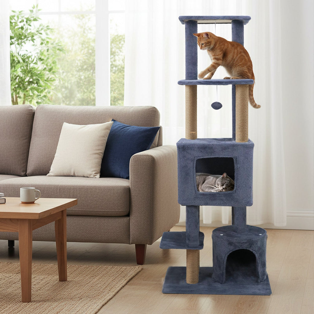 64 Inch Tall Cat Tree with 2 Large Condos and Jute Scratching Posts for Indoor Adult Cats - Majestic Pet Kingdom