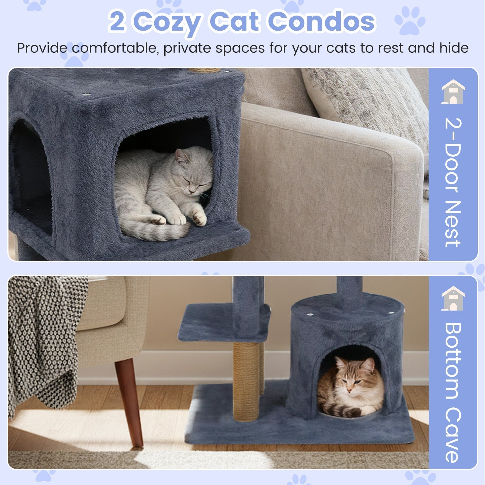 64 Inch Tall Cat Tree with 2 Large Condos and Jute Scratching Posts for Indoor Adult Cats - Majestic Pet Kingdom