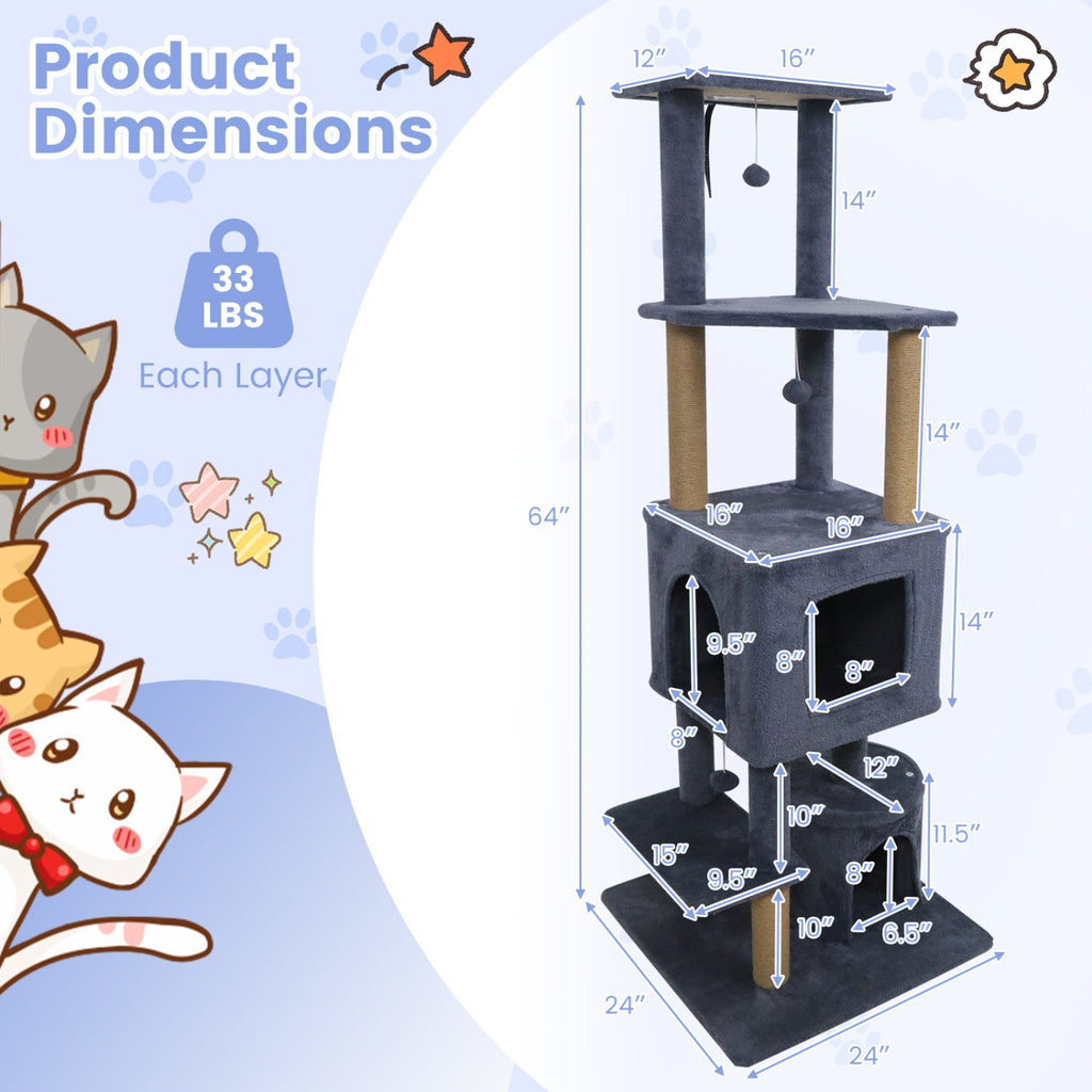 64 Inch Tall Cat Tree with 2 Large Condos and Jute Scratching Posts for Indoor Adult Cats - Majestic Pet Kingdom