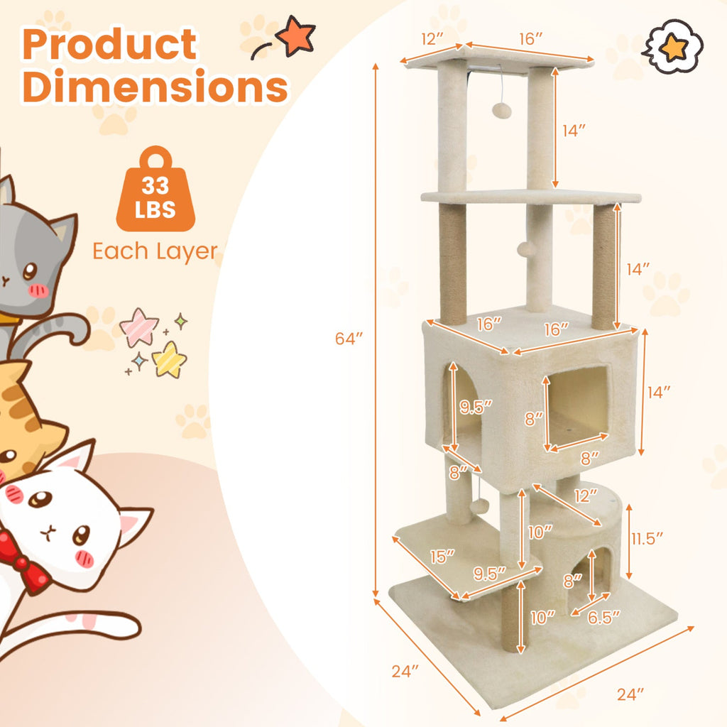 64 Inch Tall Cat Tree with 2 Large Condos and Jute Scratching Posts for Indoor Adult Cats - Majestic Pet Kingdom