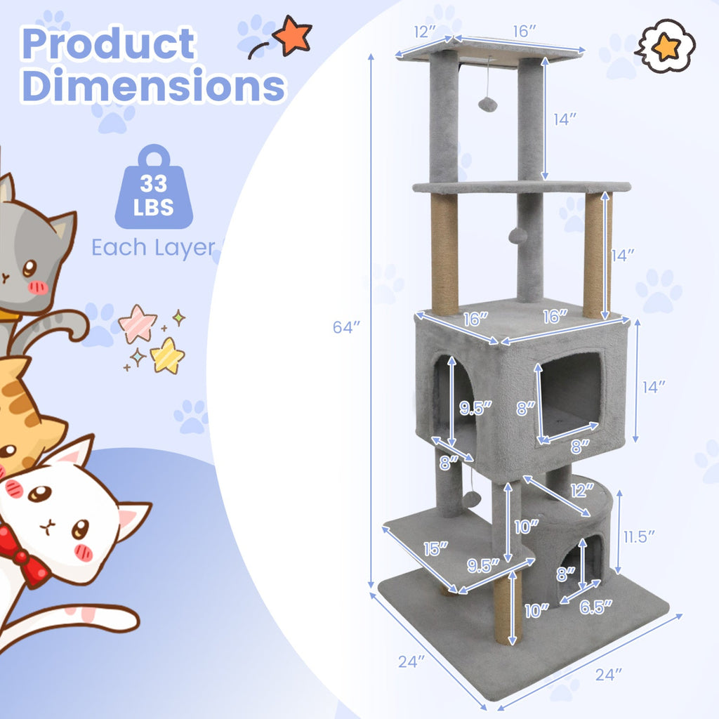 64 Inch Tall Cat Tree with 2 Large Condos and Jute Scratching Posts for Indoor Adult Cats - Majestic Pet Kingdom