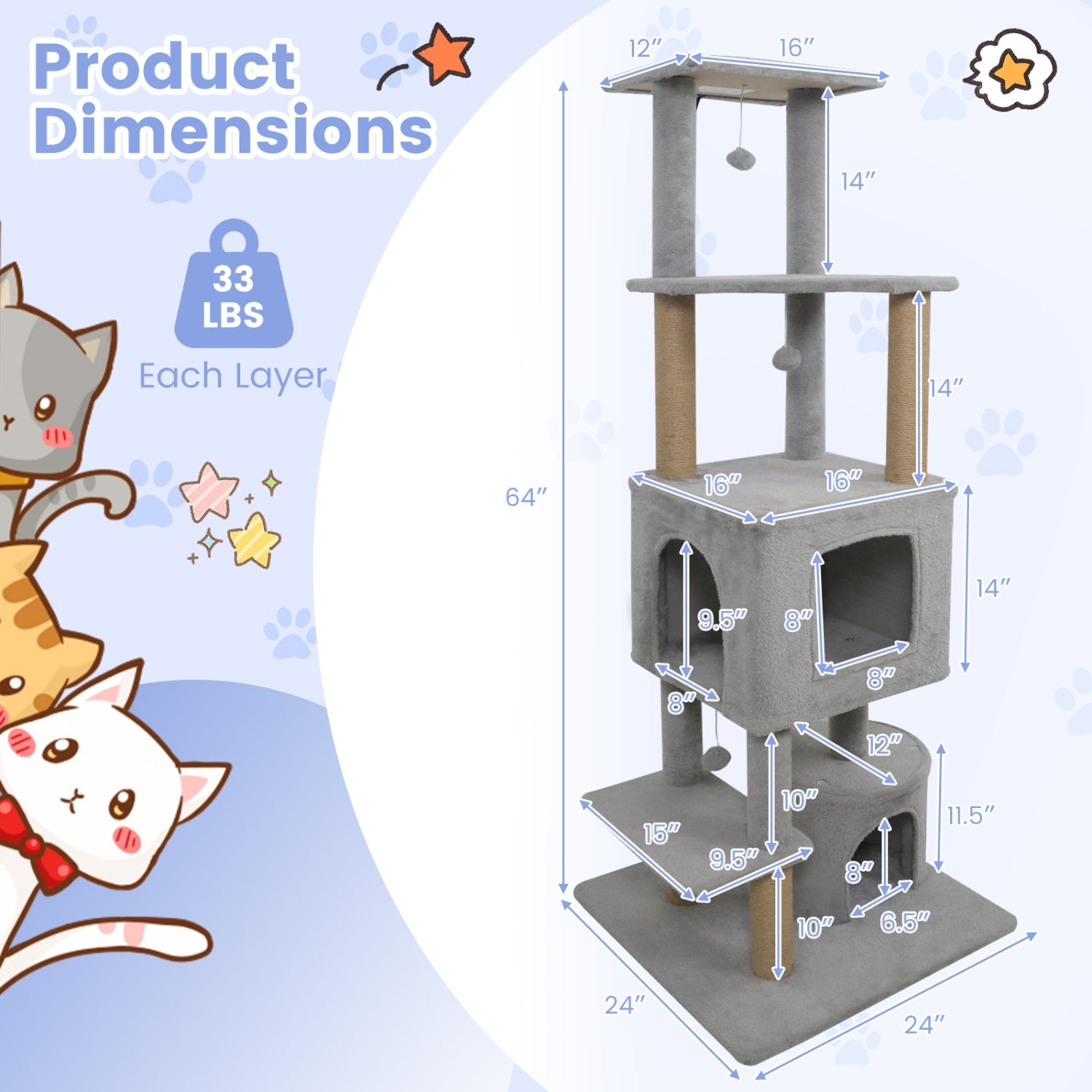 64 Inch Tall Cat Tree with 2 Large Condos and Jute Scratching Posts for Indoor Adult Cats - Majestic Pet Kingdom