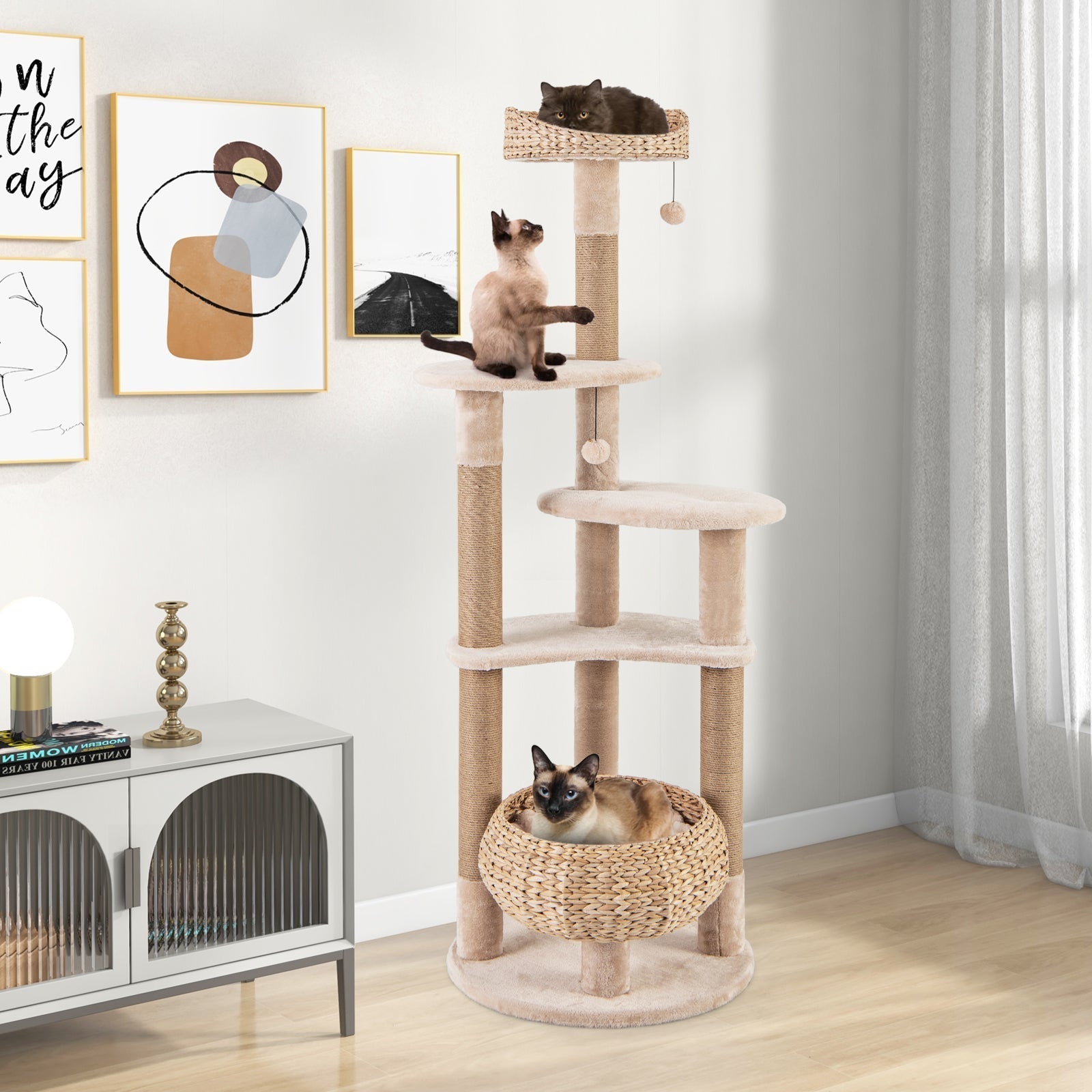 59 Inches Cat Tree with Perch and Soft Hammock for Indoor Cats-Beige - Majestic Pet Kingdom