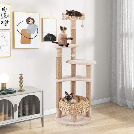 59 Inches Cat Tree with Perch and Soft Hammock for Indoor Cats-Beige - Majestic Pet Kingdom