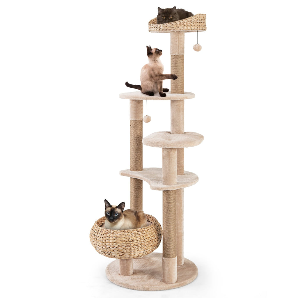 59 Inches Cat Tree with Perch and Soft Hammock for Indoor Cats-Beige - Majestic Pet Kingdom