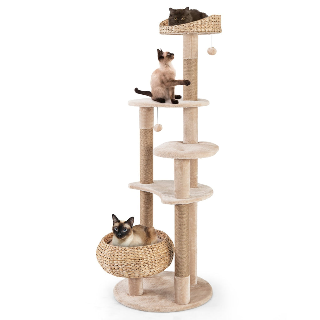 59 Inches Cat Tree with Perch and Soft Hammock for Indoor Cats-Beige - Majestic Pet Kingdom