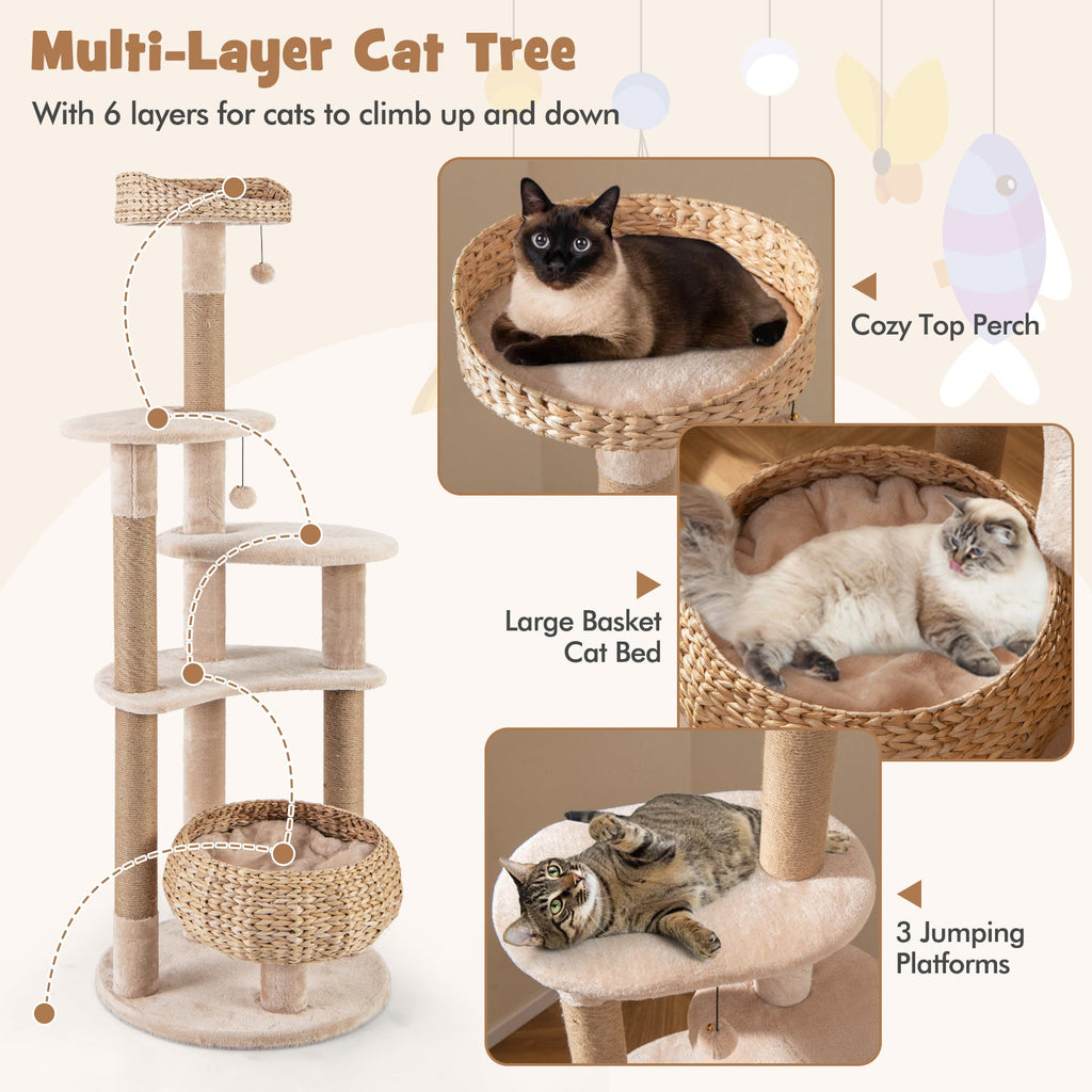 59 Inches Cat Tree with Perch and Soft Hammock for Indoor Cats-Beige - Majestic Pet Kingdom