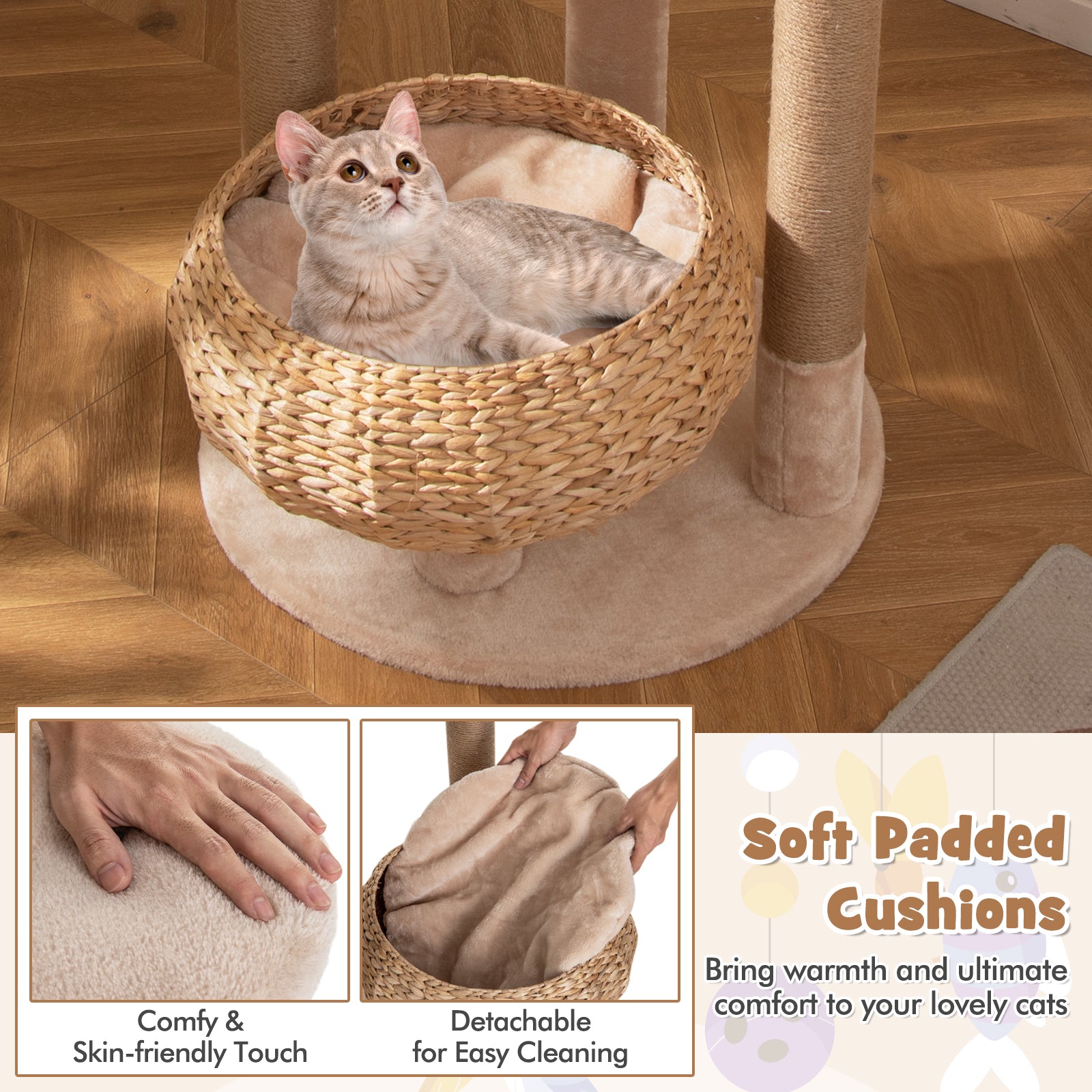 59 Inches Cat Tree with Perch and Soft Hammock for Indoor Cats-Beige - Majestic Pet Kingdom