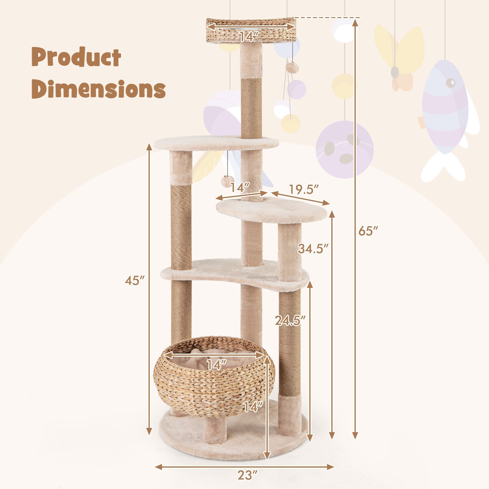 59 Inches Cat Tree with Perch and Soft Hammock for Indoor Cats-Beige - Majestic Pet Kingdom