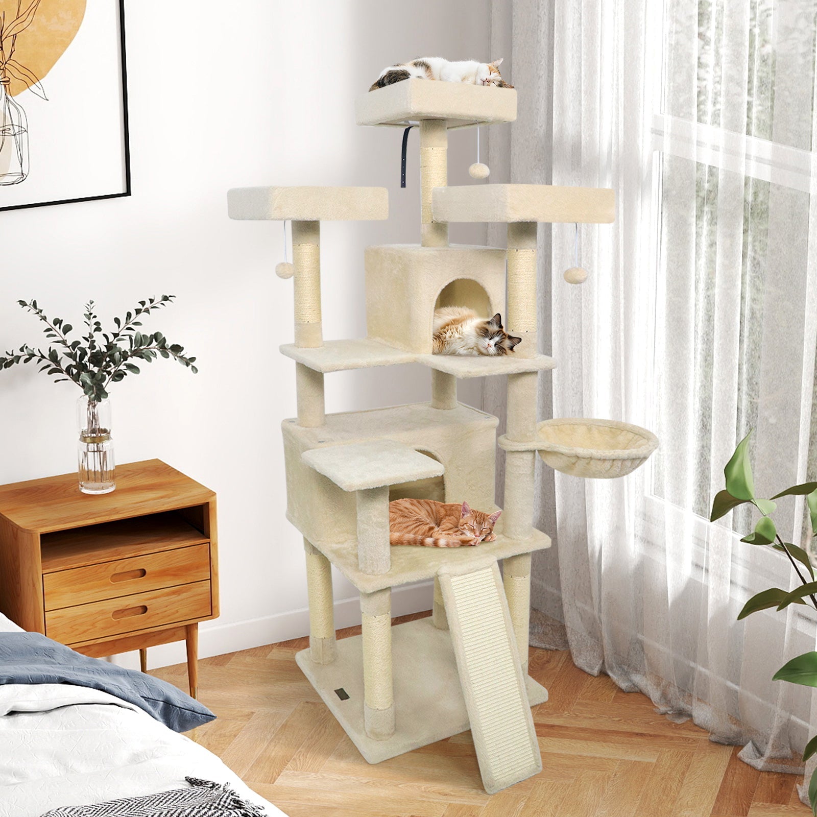 65 Inch Tall Multi-level Cat Tree with 3 Upholstered Perch and 2 Cat Condos - Majestic Pet Kingdom