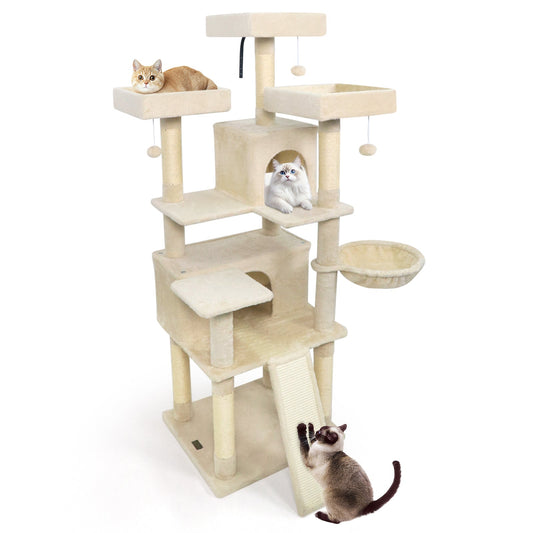 65 Inch Tall Multi-level Cat Tree with 3 Upholstered Perch and 2 Cat Condos | Purrfect Pet Kingdom