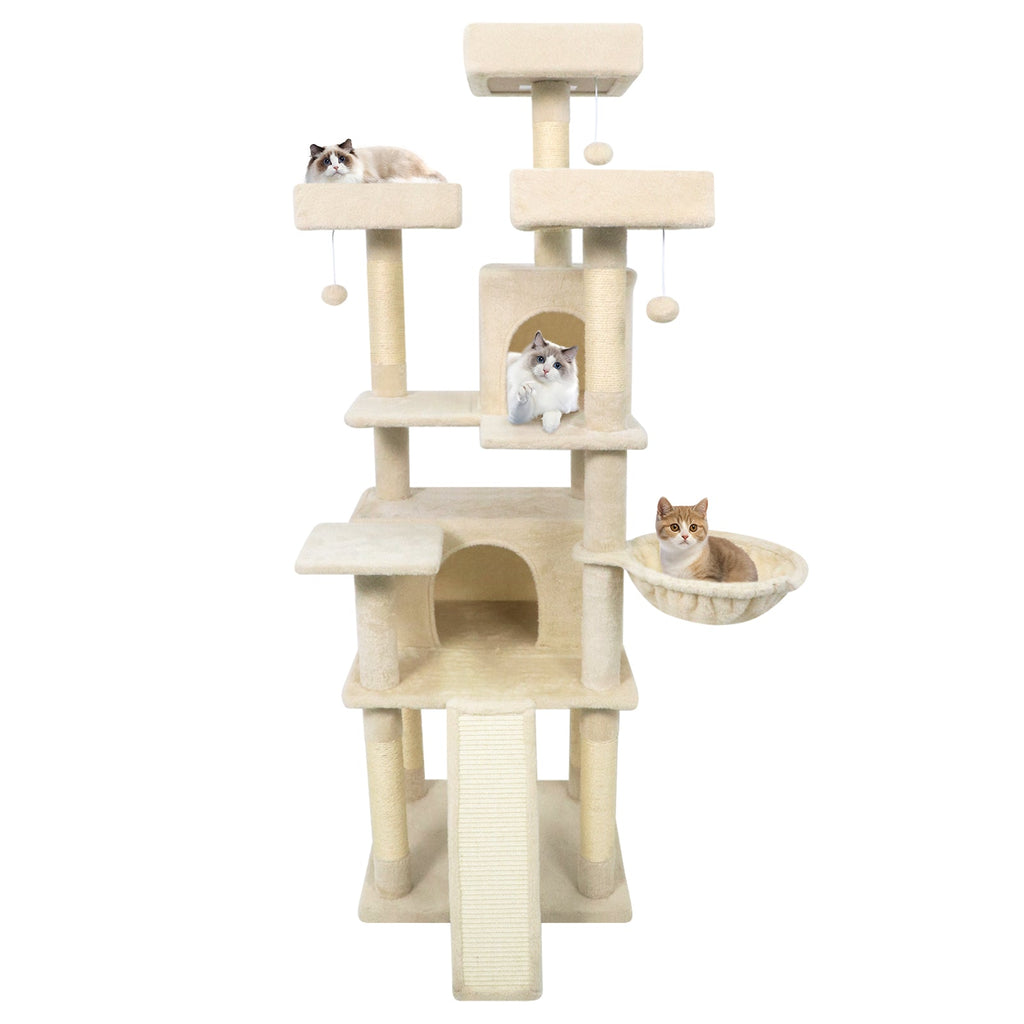 65 Inch Tall Multi-level Cat Tree with 3 Upholstered Perch and 2 Cat Condos - Majestic Pet Kingdom