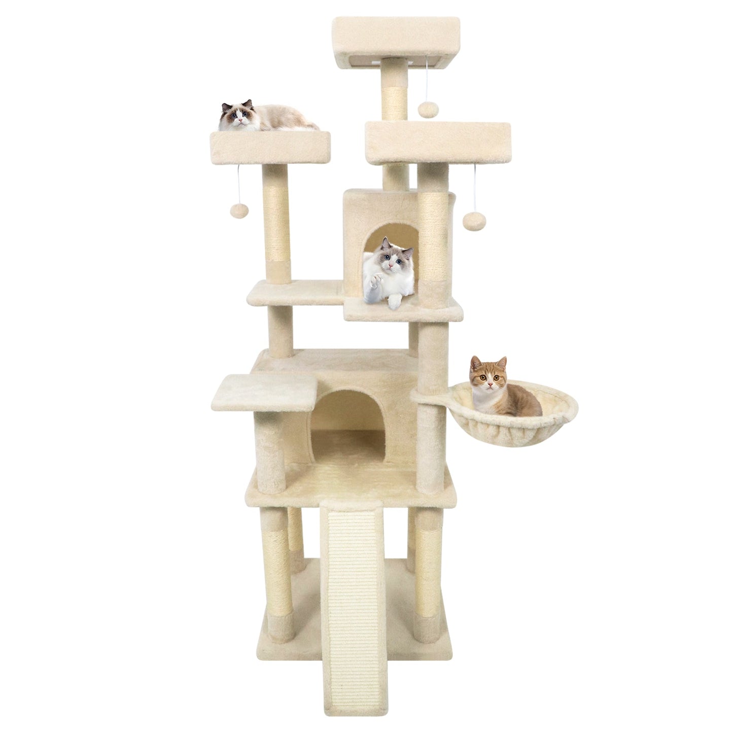 65 Inch Tall Multi-level Cat Tree with 3 Upholstered Perch and 2 Cat Condos - Majestic Pet Kingdom