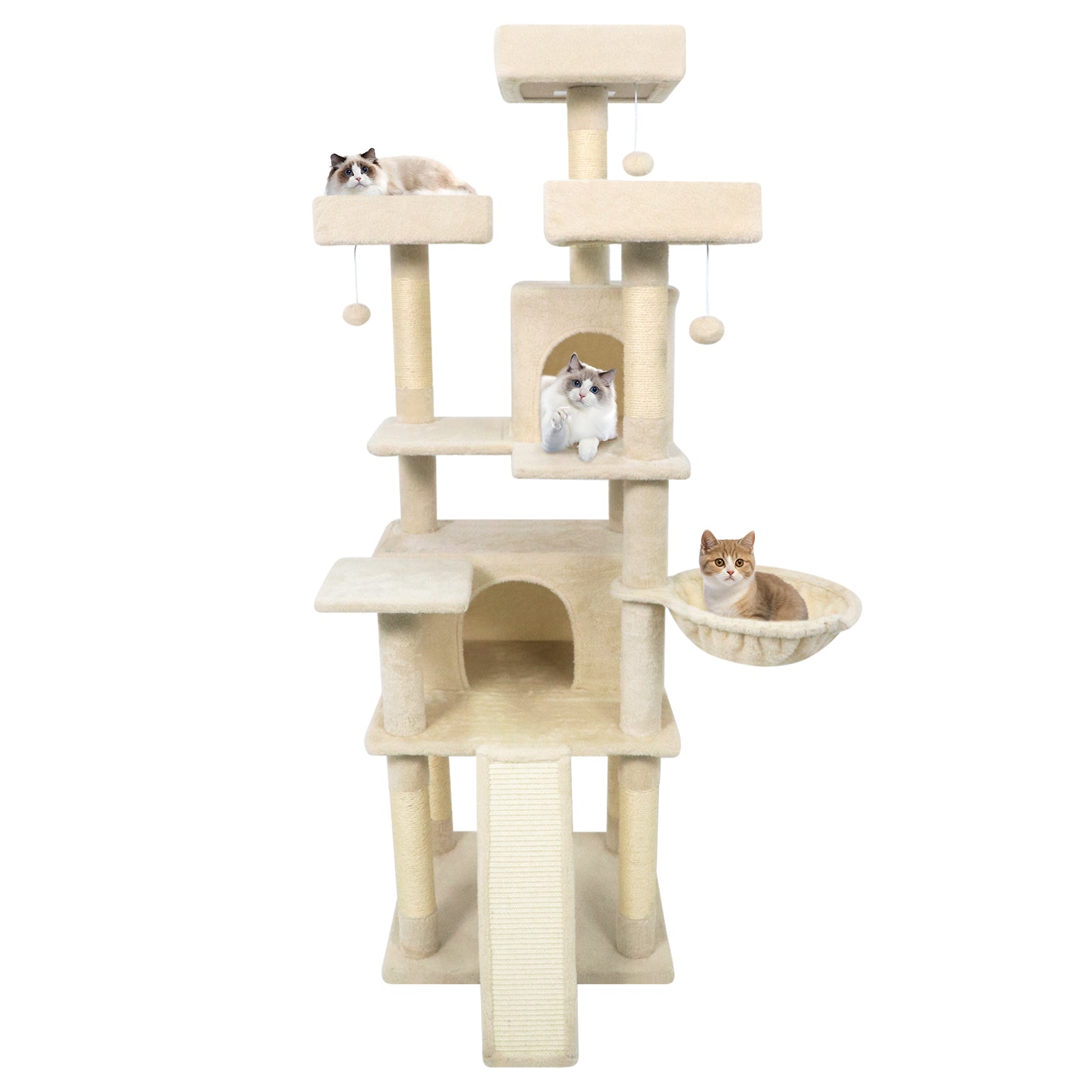 65 Inch Tall Multi-level Cat Tree with 3 Upholstered Perch and 2 Cat Condos - Majestic Pet Kingdom