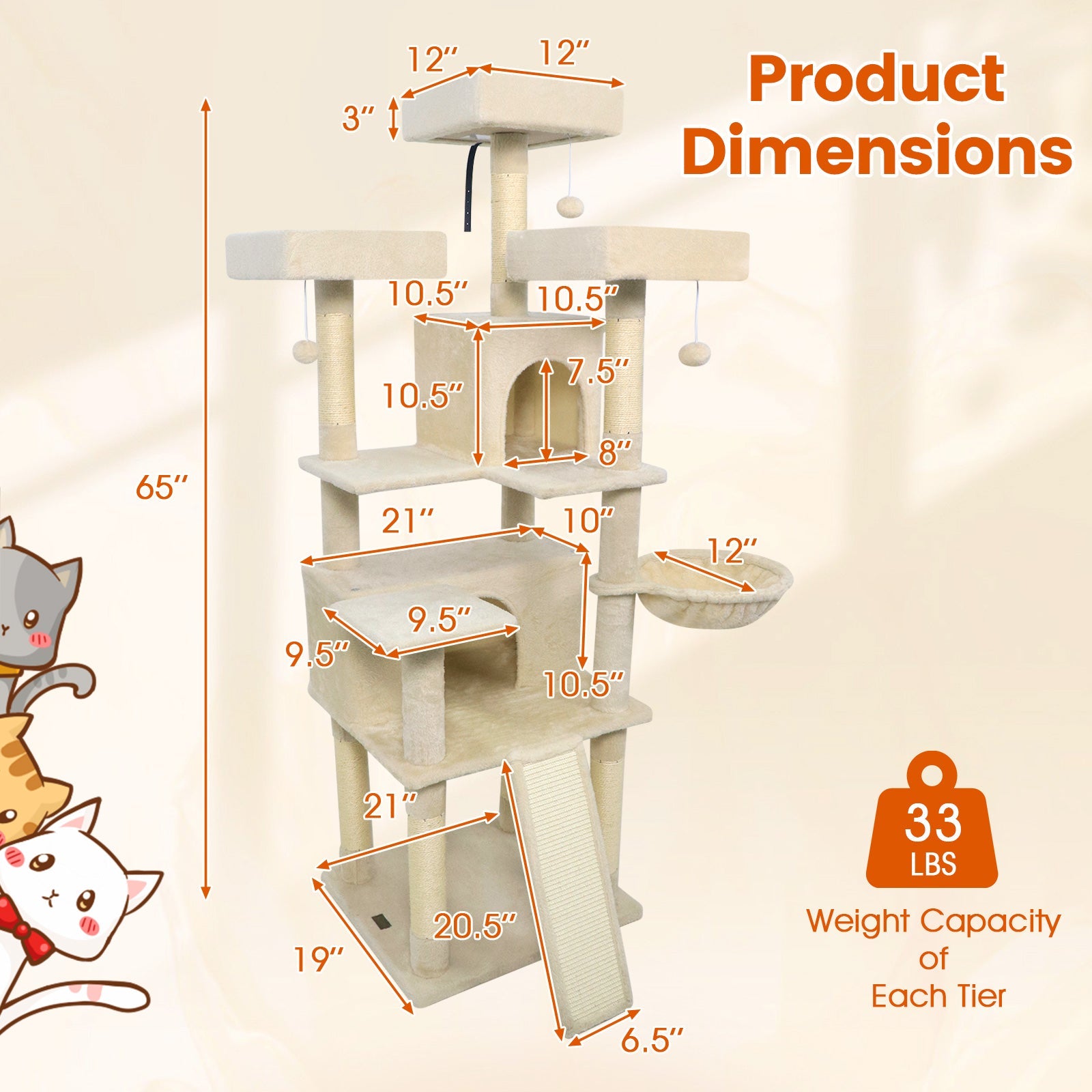 65 Inch Tall Multi-level Cat Tree with 3 Upholstered Perch and 2 Cat Condos - Majestic Pet Kingdom