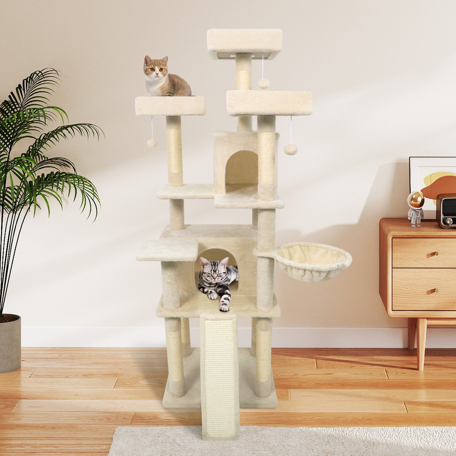 65 Inch Tall Multi-level Cat Tree with 3 Upholstered Perch and 2 Cat Condos - Majestic Pet Kingdom