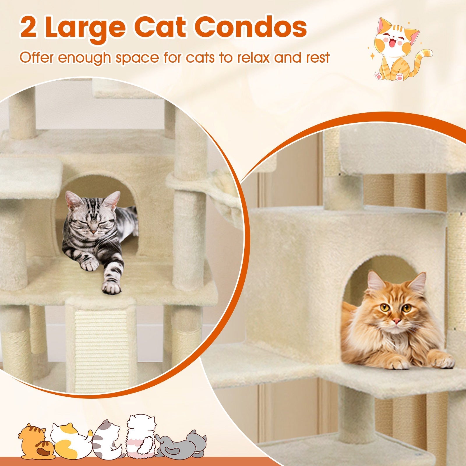 65 Inch Tall Multi-level Cat Tree with 3 Upholstered Perch and 2 Cat Condos | Purrfect Pet Kingdom