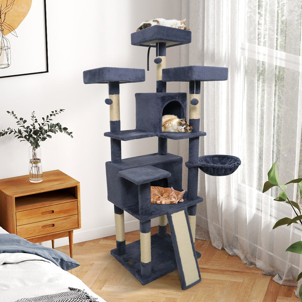 65 Inch Tall Multi-level Cat Tree with 3 Upholstered Perch and 2 Cat Condos | Purrfect Pet Kingdom