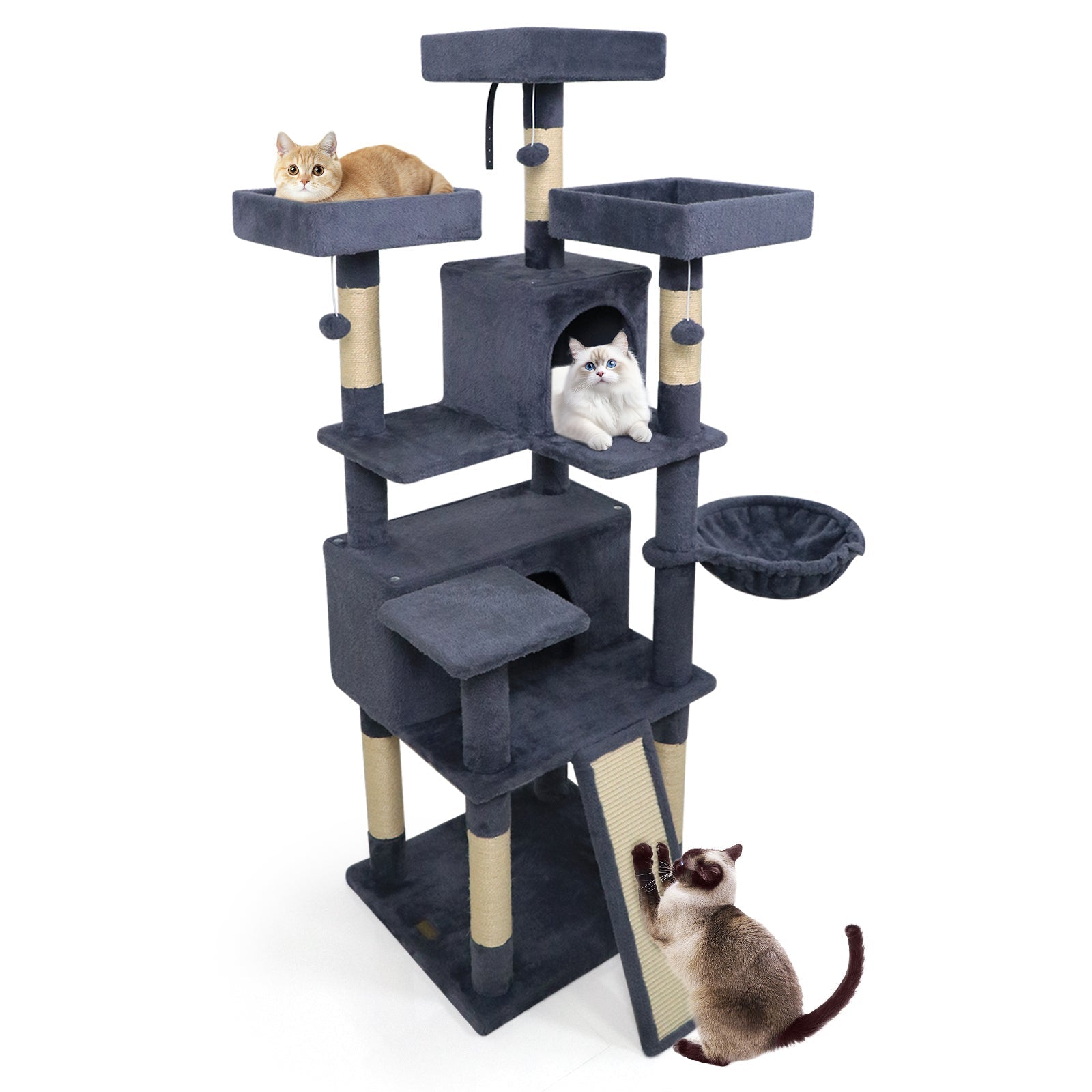 65 Inch Tall Multi-level Cat Tree with 3 Upholstered Perch and 2 Cat Condos